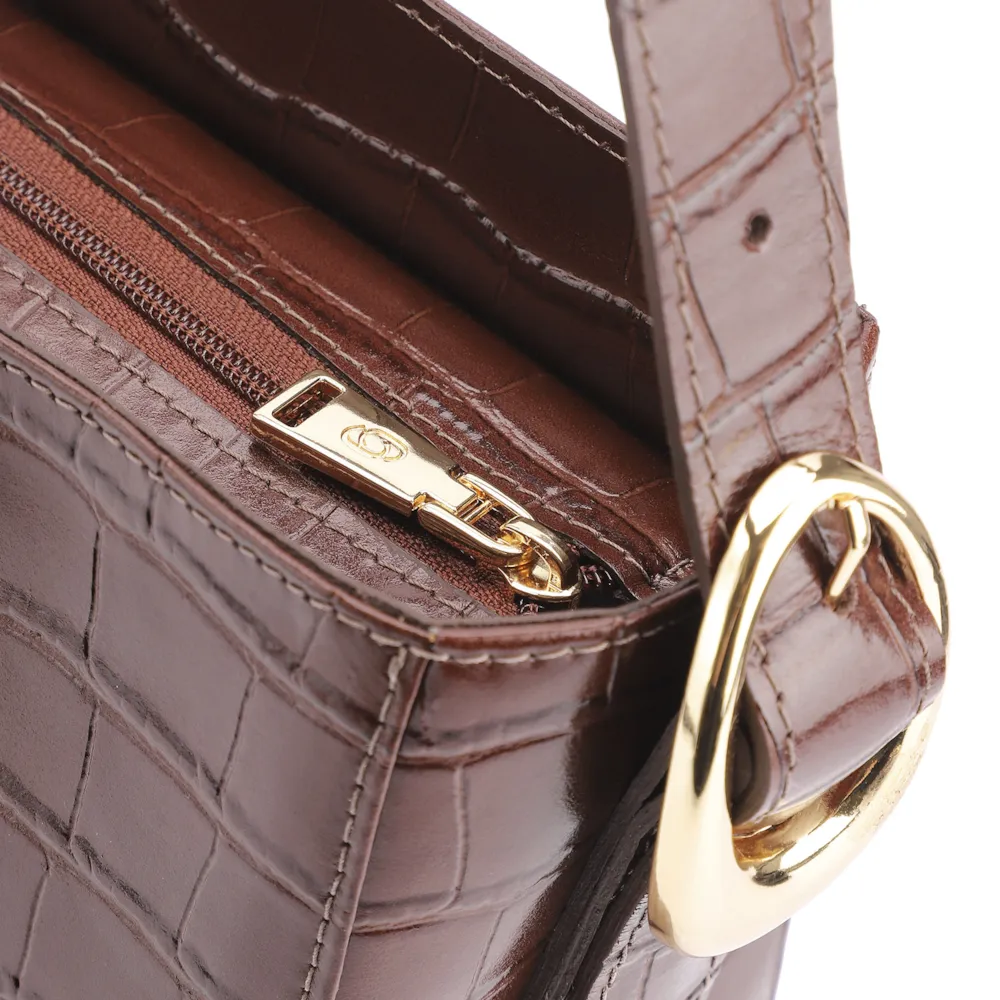 Bolsa De Ombro Fivela Couro Croco Marrom - imagem 6