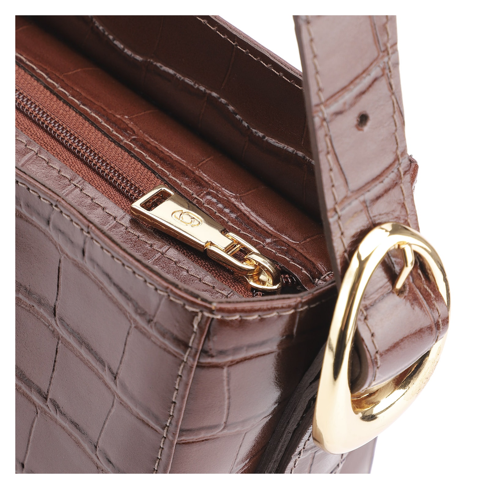 Bolsa De Ombro Fivela Couro Croco Marrom