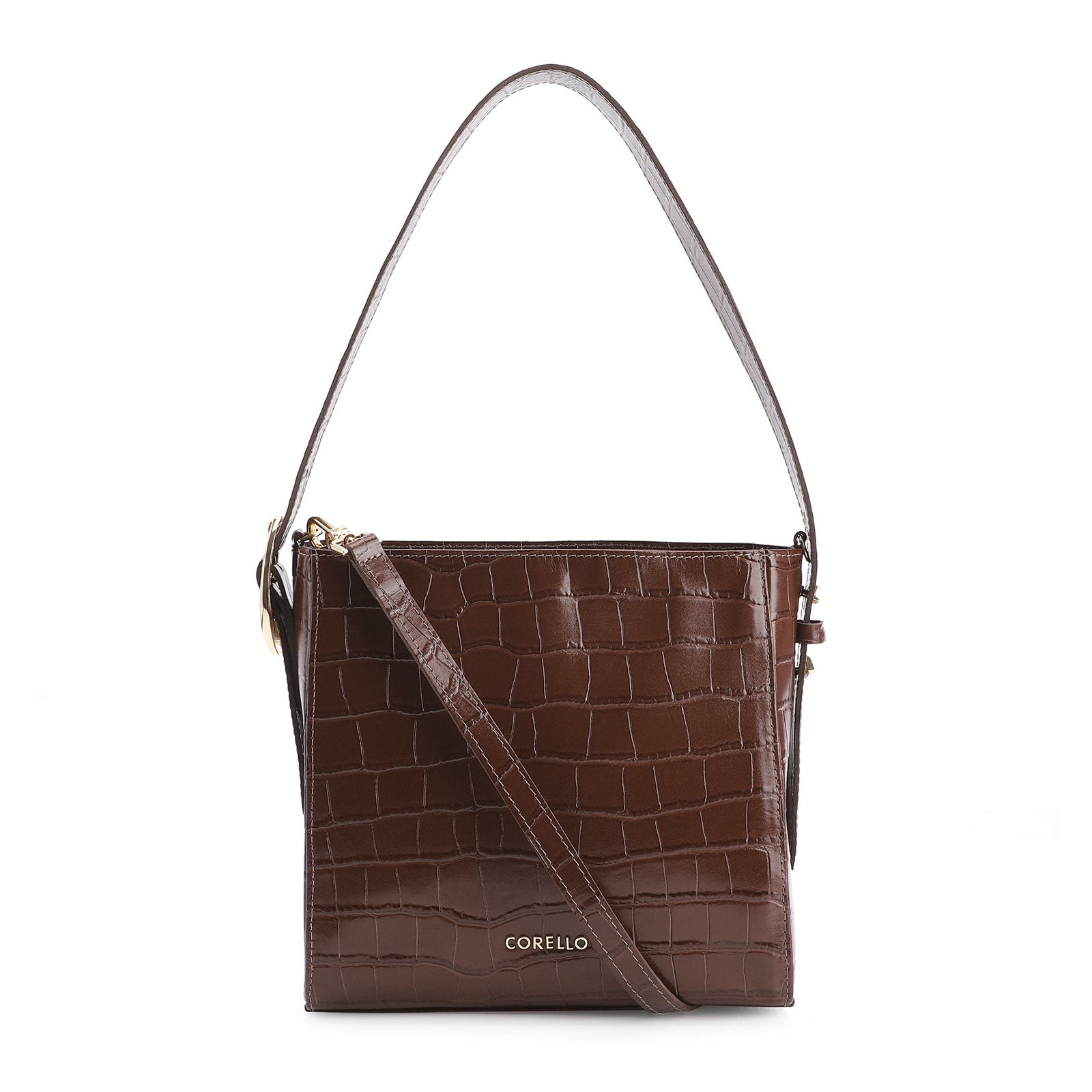Bolsa De Ombro Fivela Couro Croco Marrom