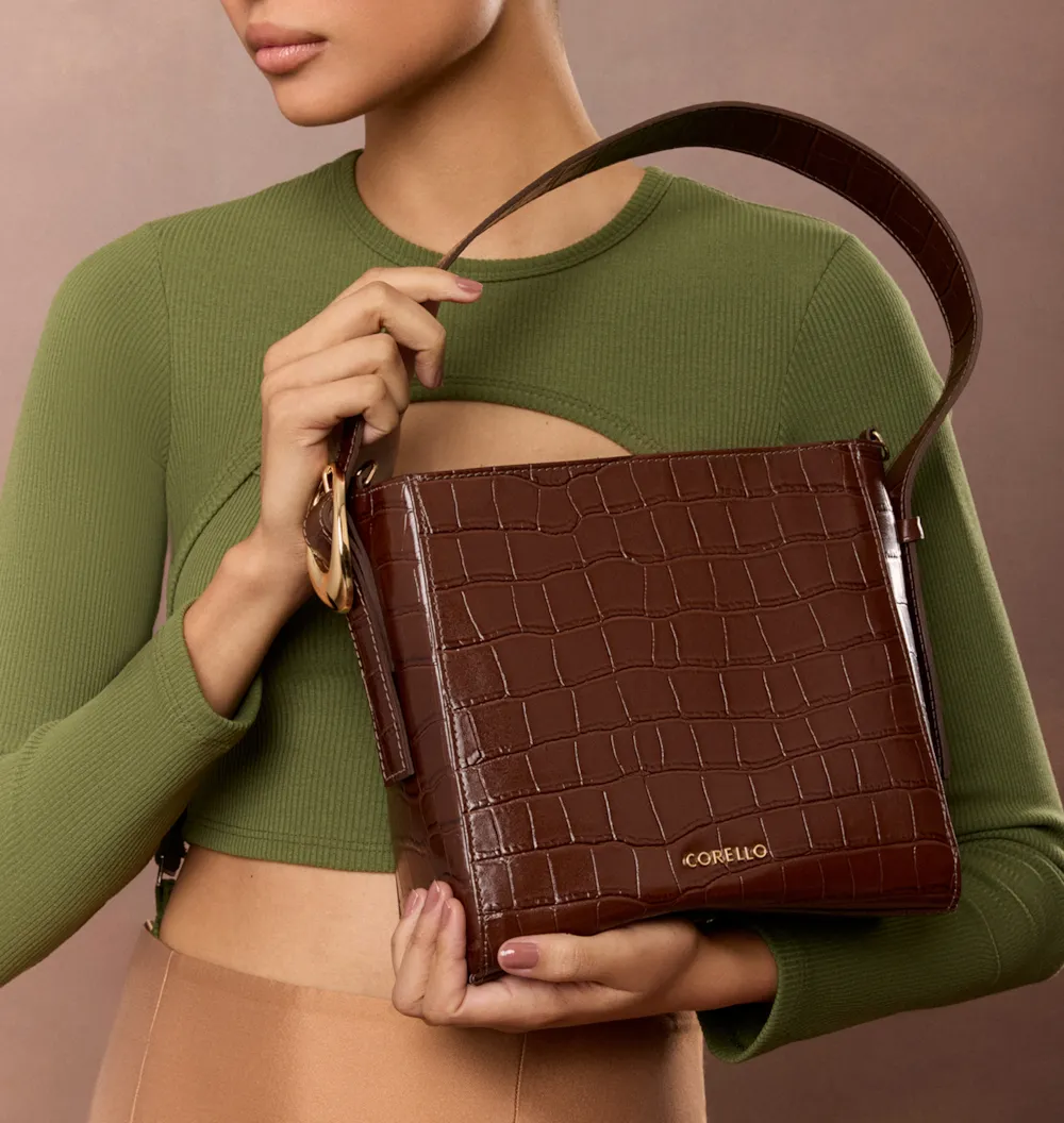 Bolsa De Ombro Fivela Couro Croco Marrom - imagem 2