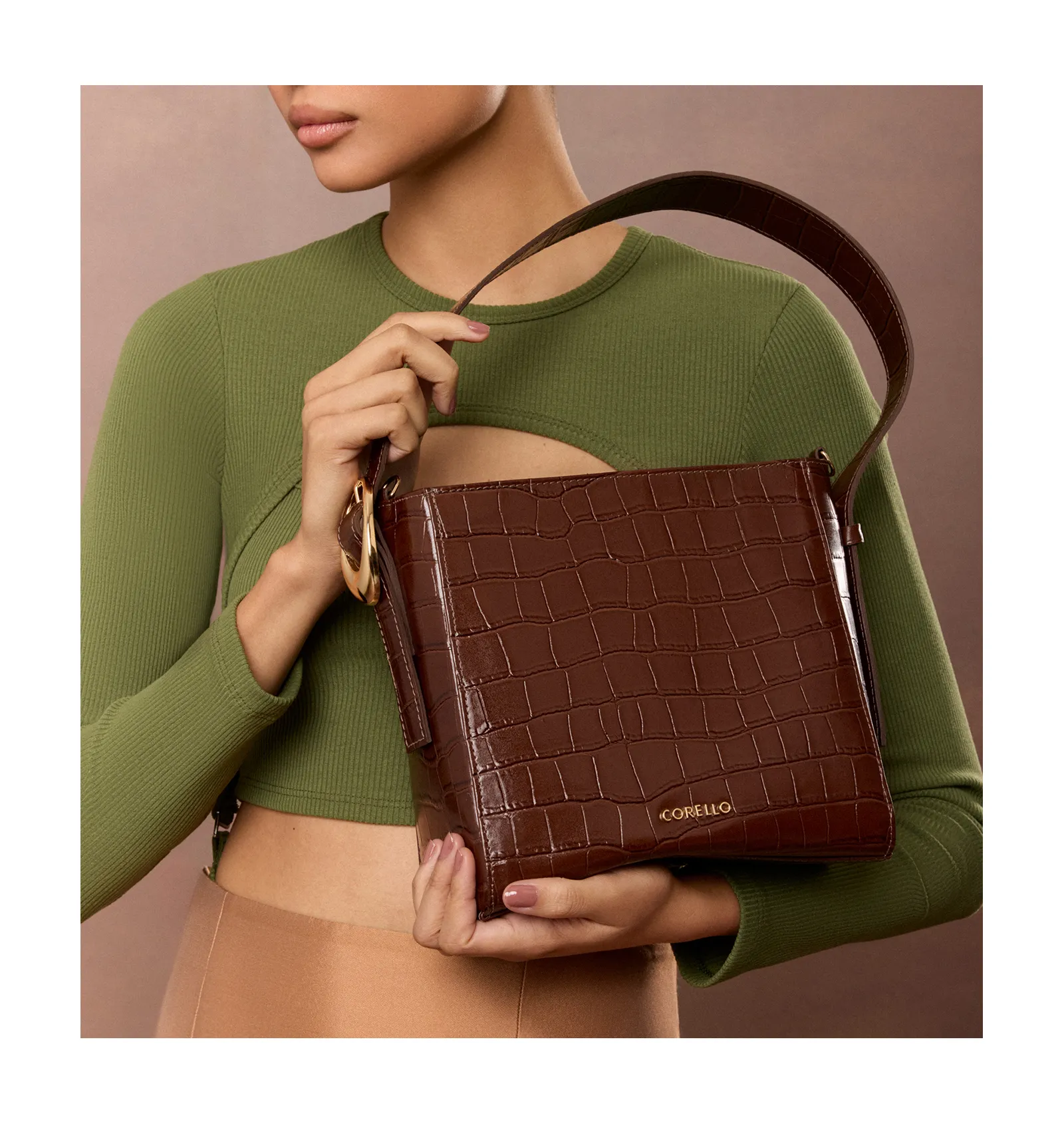 Bolsa De Ombro Fivela Couro Croco Marrom