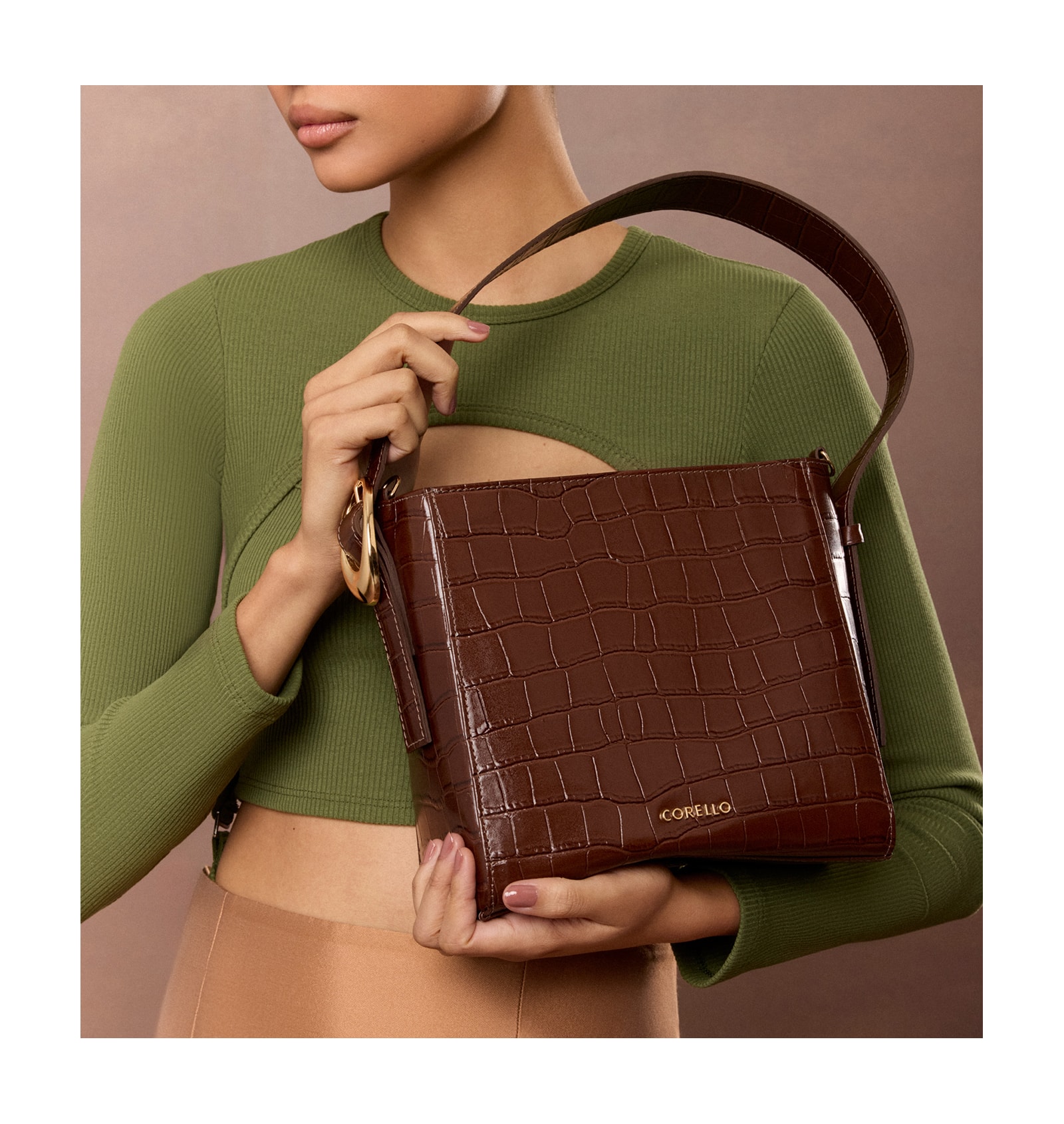 Bolsa De Ombro Fivela Couro Croco Marrom