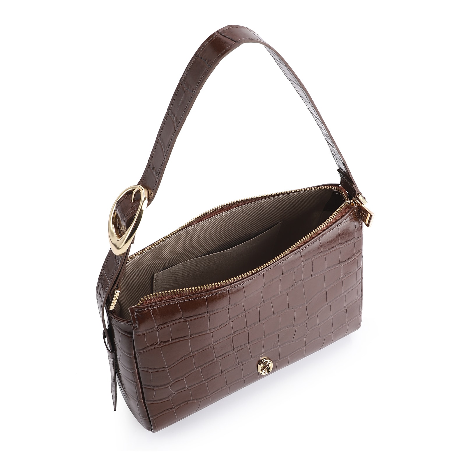 Bolsa De Ombro Fivela Couro Croco Marrom