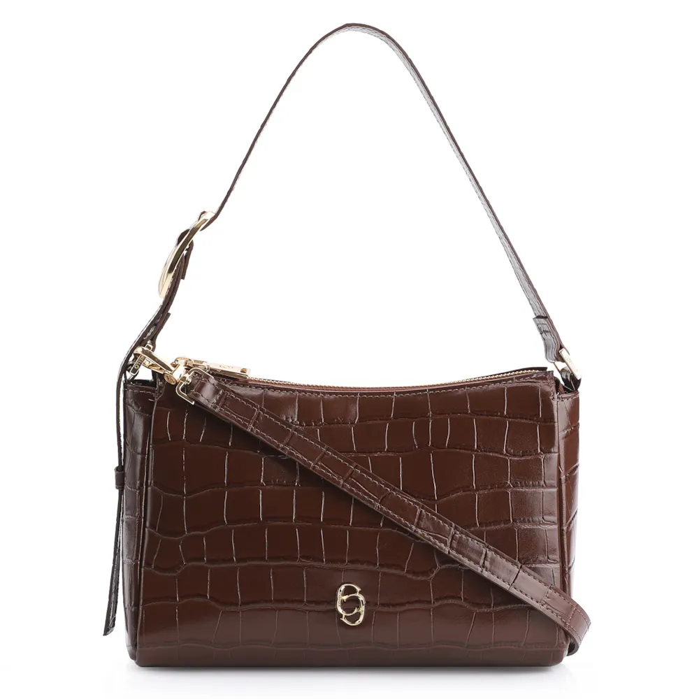 Bolsa De Ombro Fivela Couro Croco Marrom