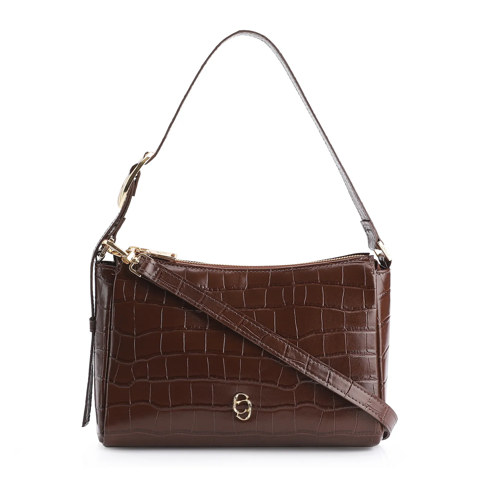 Bolsa De Ombro Fivela Couro Croco Marrom