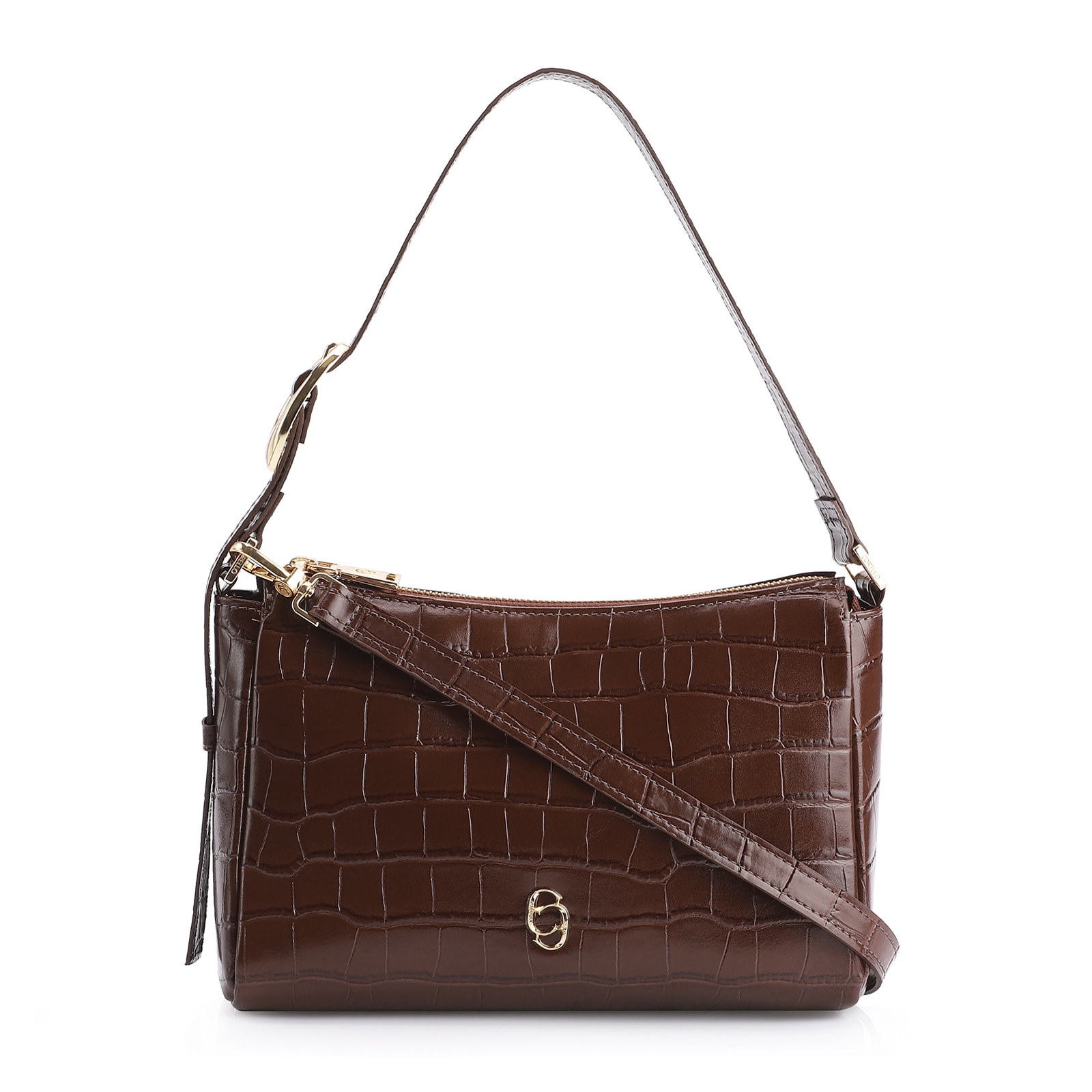 Bolsa De Ombro Fivela Couro Croco Marrom