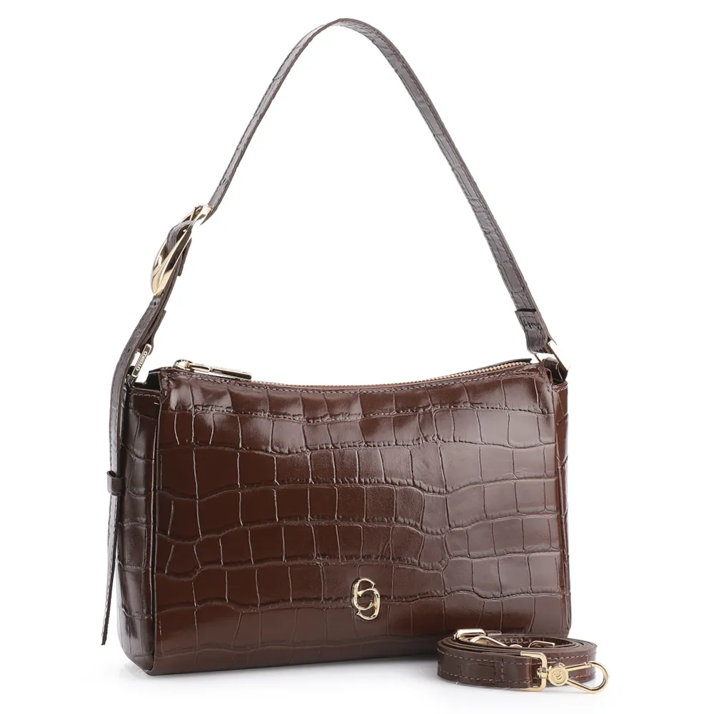 Bolsa De Ombro Fivela Couro Croco Marrom - imagem 2
