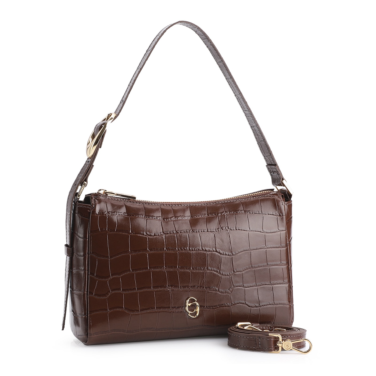 Bolsa De Ombro Fivela Couro Croco Marrom