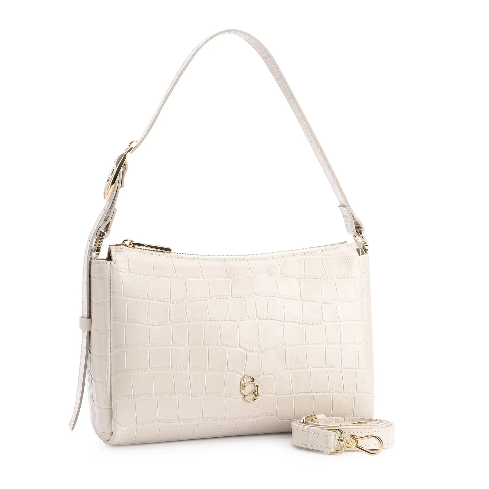 Bolsa De Ombro Fivela Couro Croco Off White