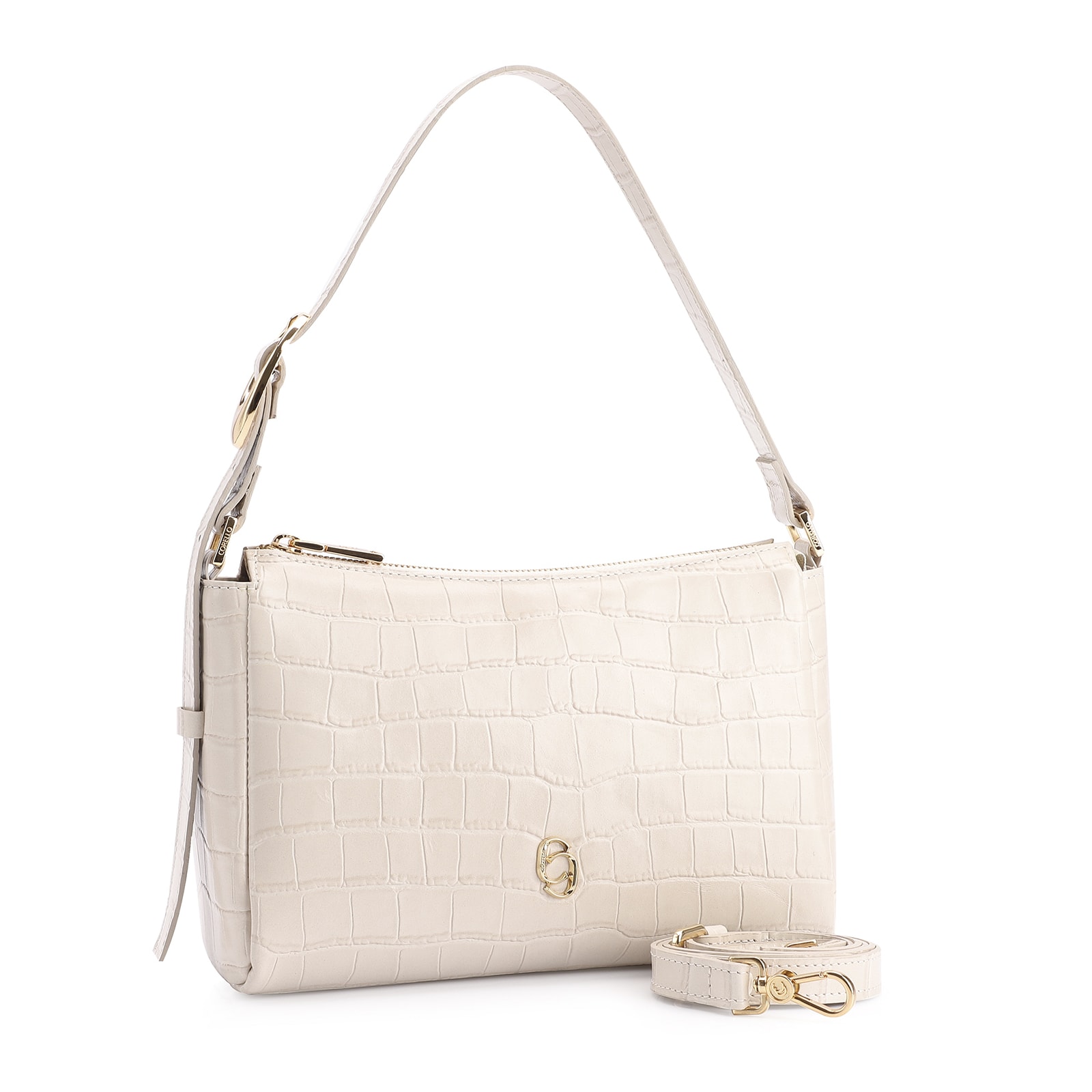 Bolsa De Ombro Fivela Couro Croco Off White