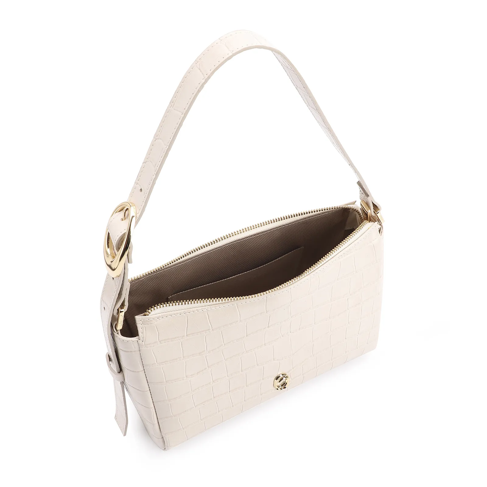 Bolsa De Ombro Fivela Couro Croco Off White