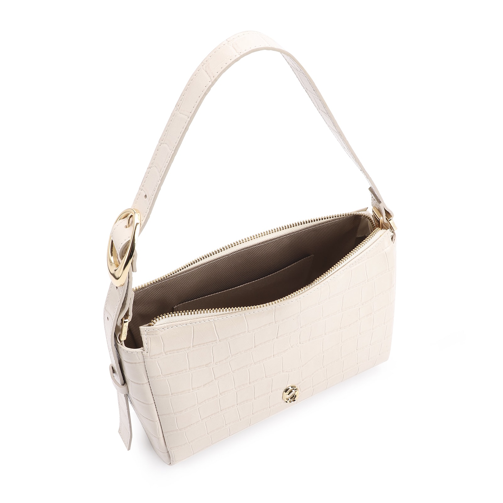 Bolsa De Ombro Fivela Couro Croco Off White