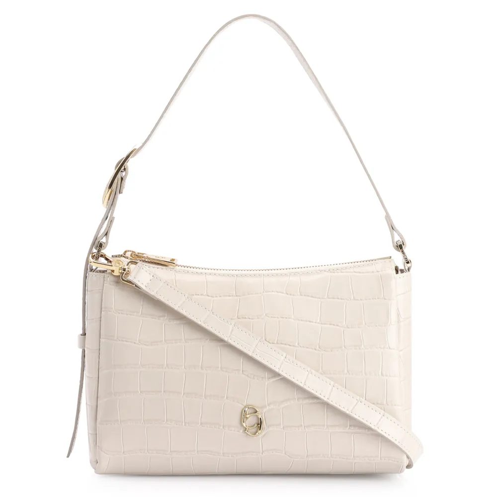 Bolsa De Ombro Fivela Couro Croco Off White