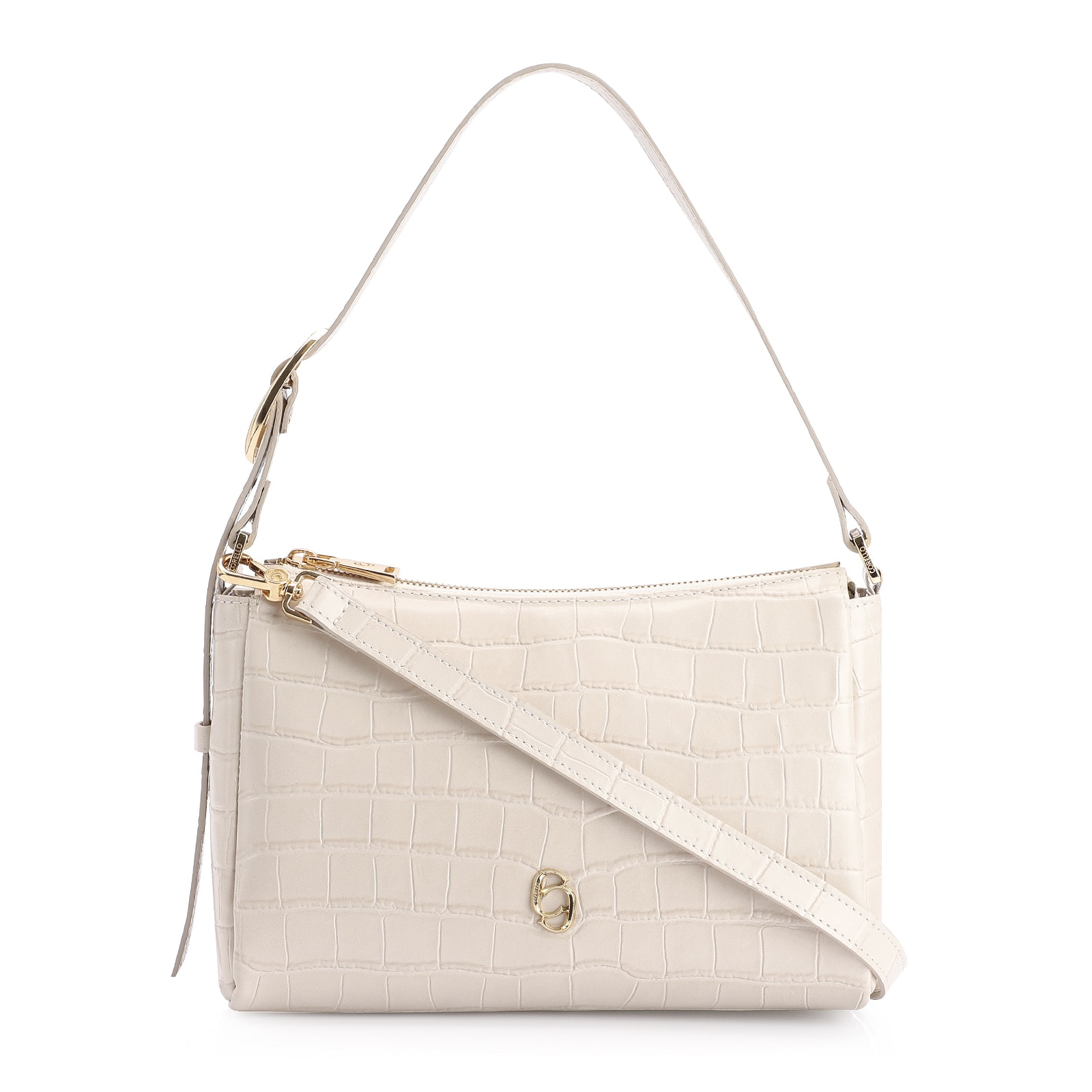 Bolsa De Ombro Fivela Couro Croco Off White