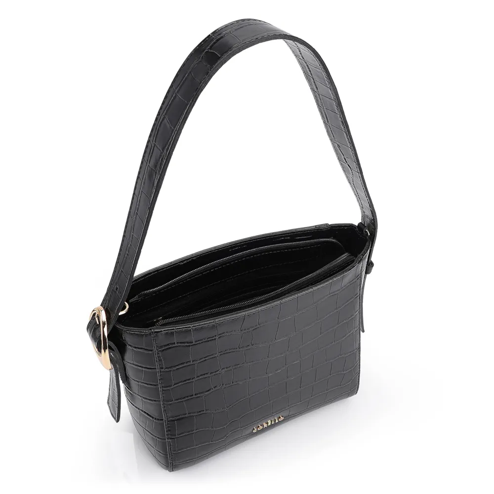 Bolsa De Ombro Fivela Couro Croco Preto - imagem 4