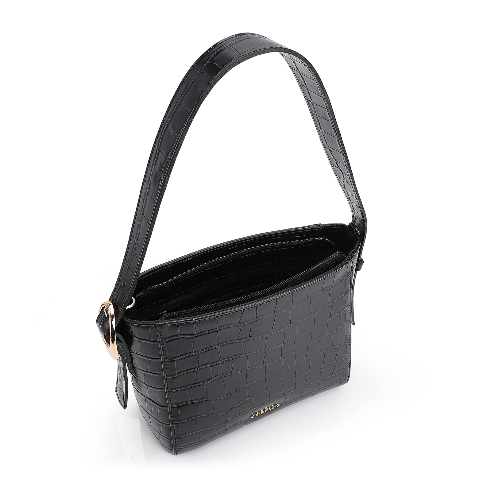 Bolsa De Ombro Fivela Couro Croco Preto