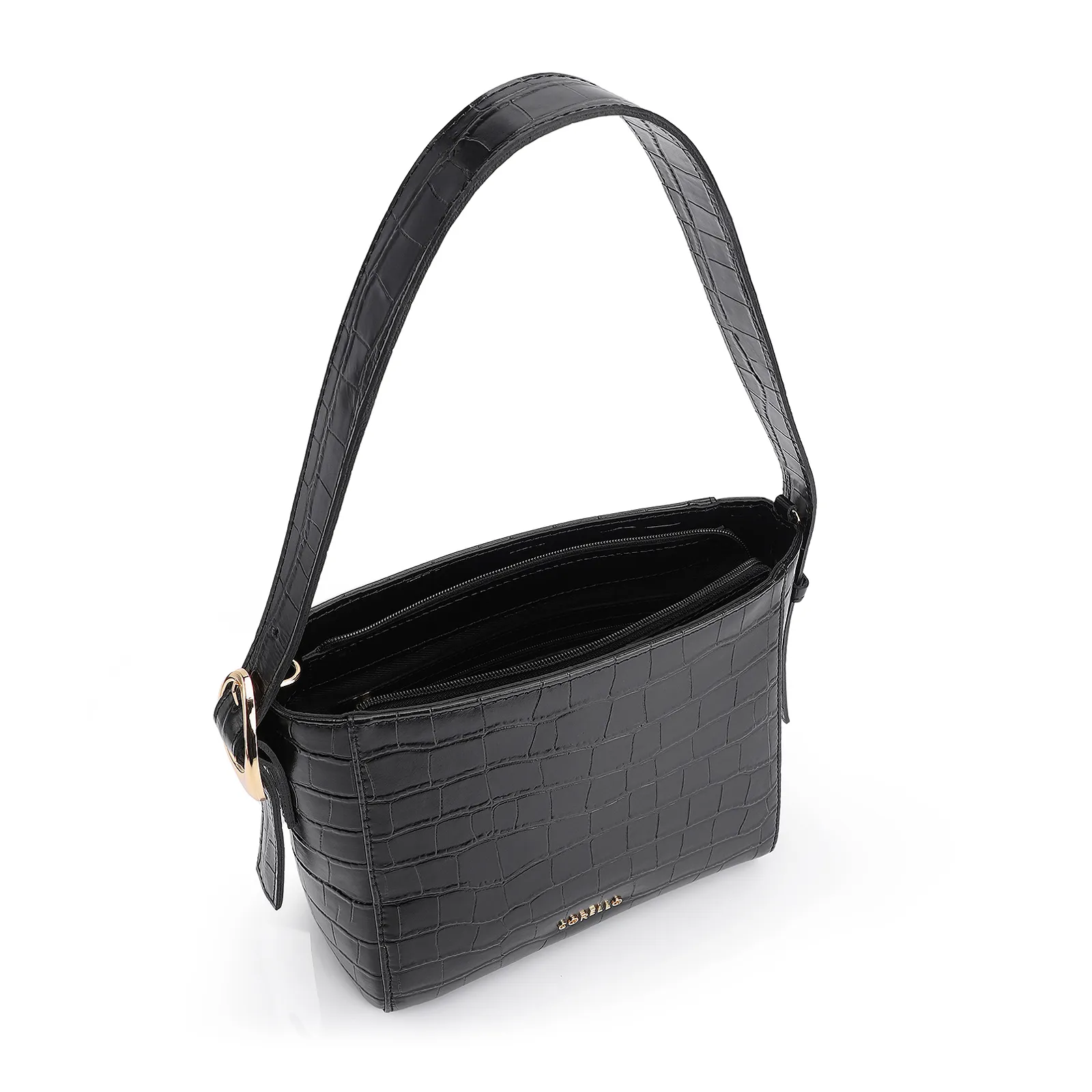 Bolsa De Ombro Fivela Couro Croco Preto