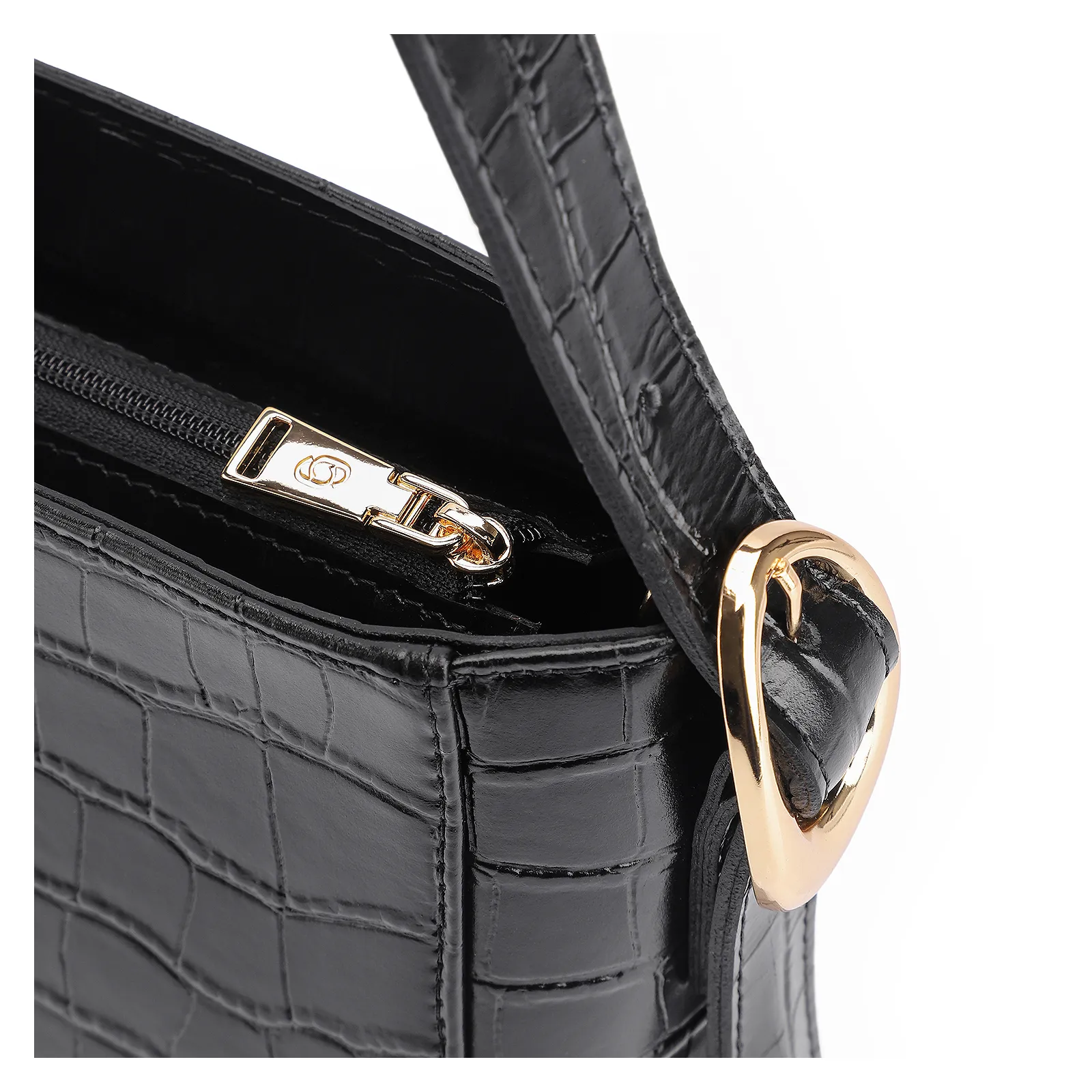 Bolsa De Ombro Fivela Couro Croco Preto