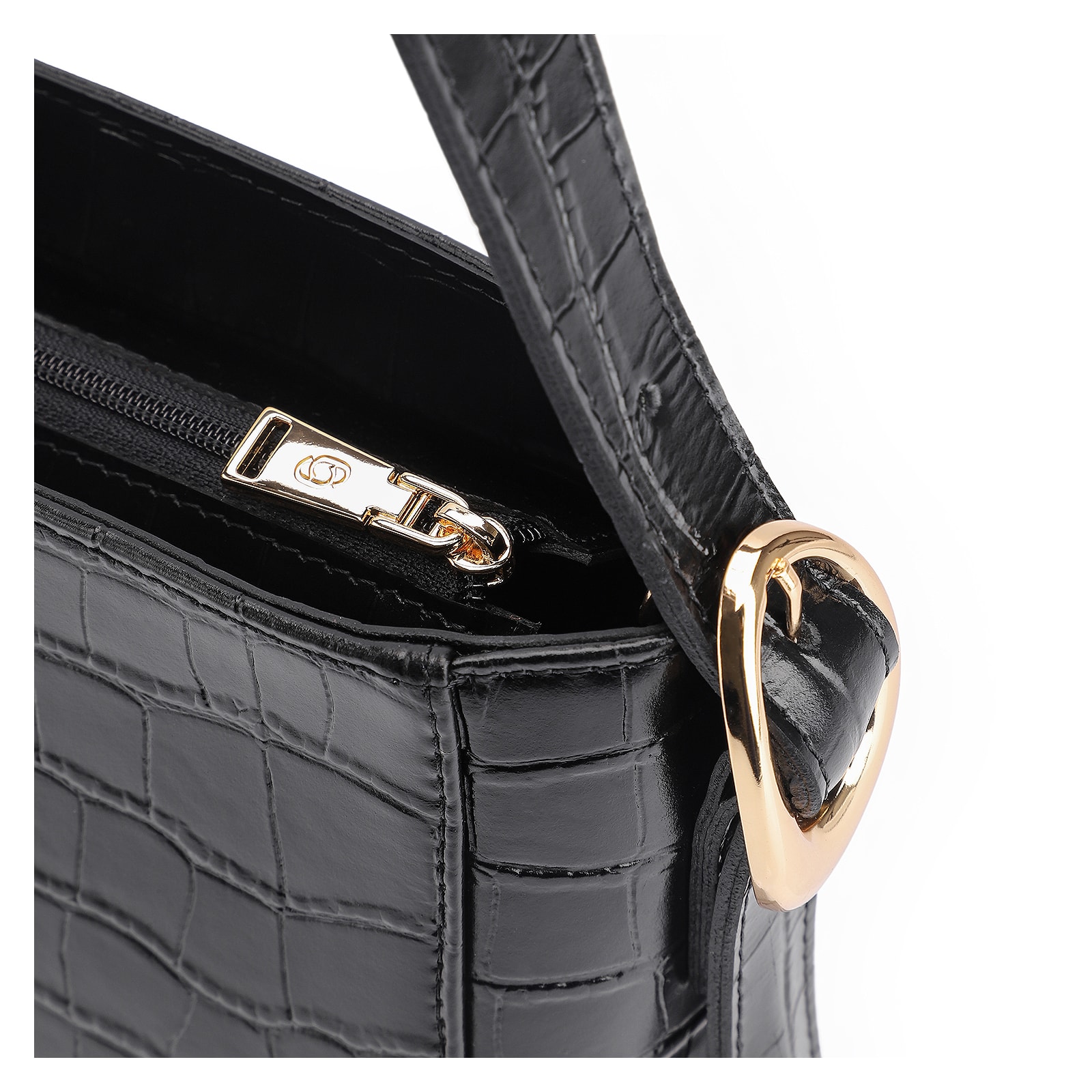 Bolsa De Ombro Fivela Couro Croco Preto