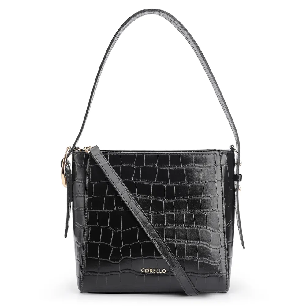 Bolsa De Ombro Fivela Couro Croco Preto