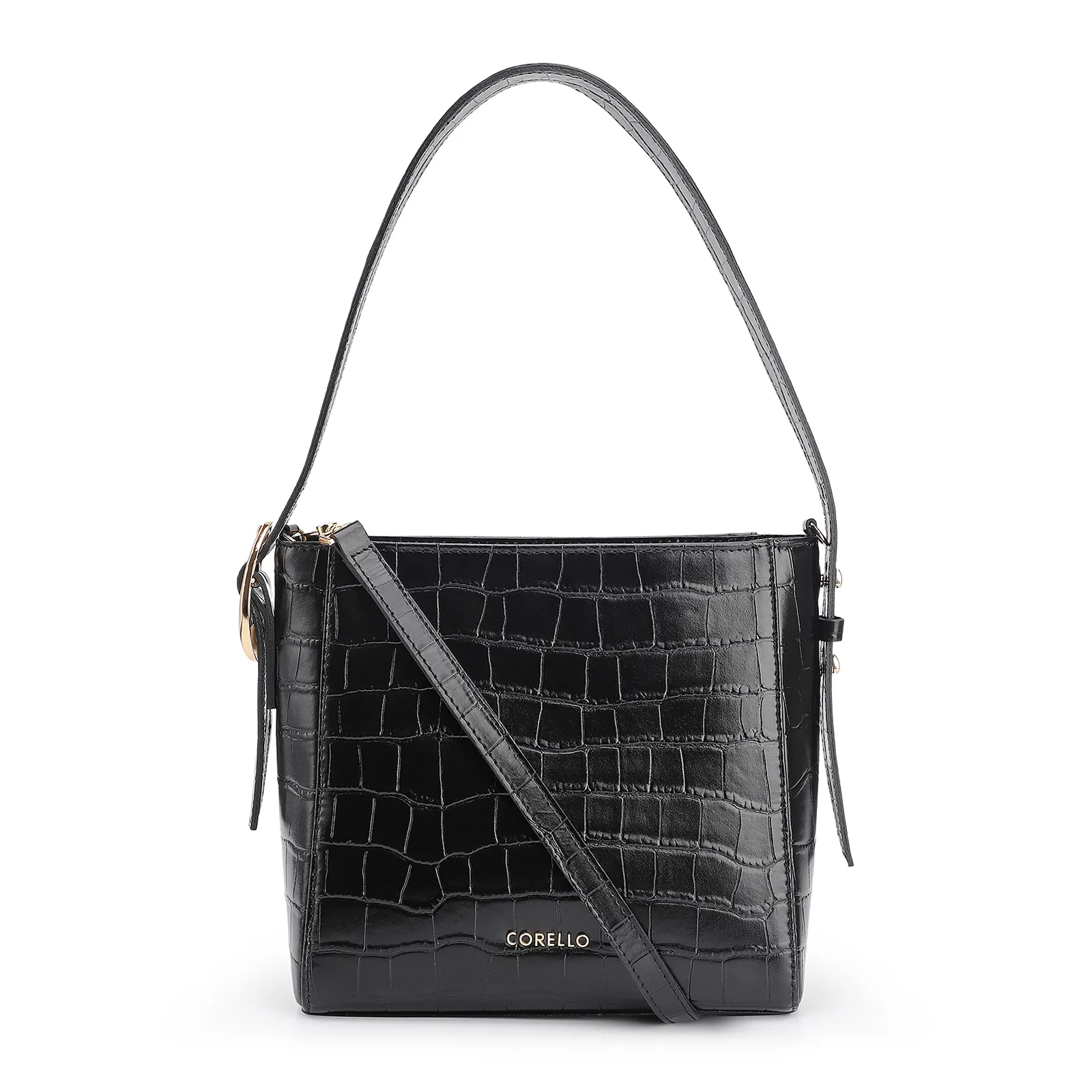 Bolsa De Ombro Fivela Couro Croco Preto
