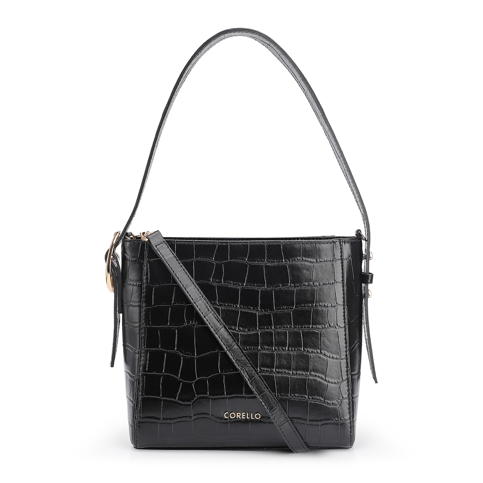 Bolsa De Ombro Fivela Couro Croco Preto