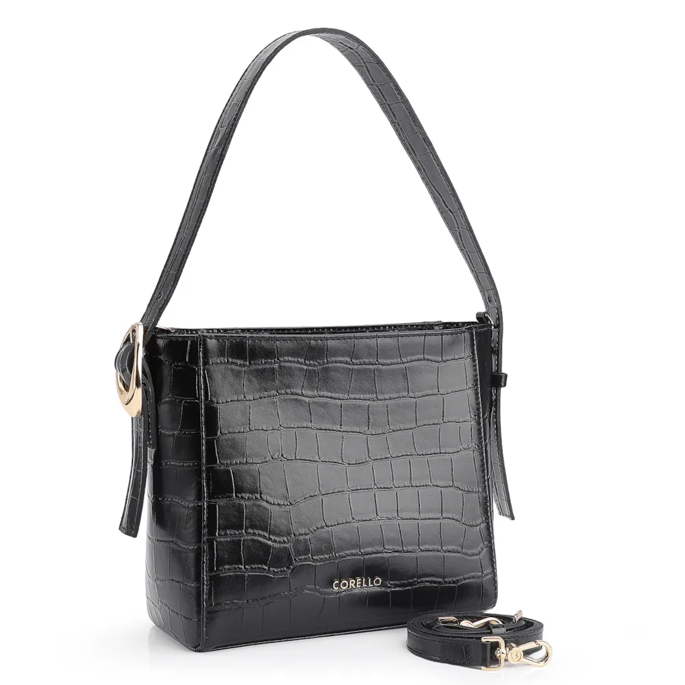 Bolsa De Ombro Fivela Couro Croco Preto - imagem 2