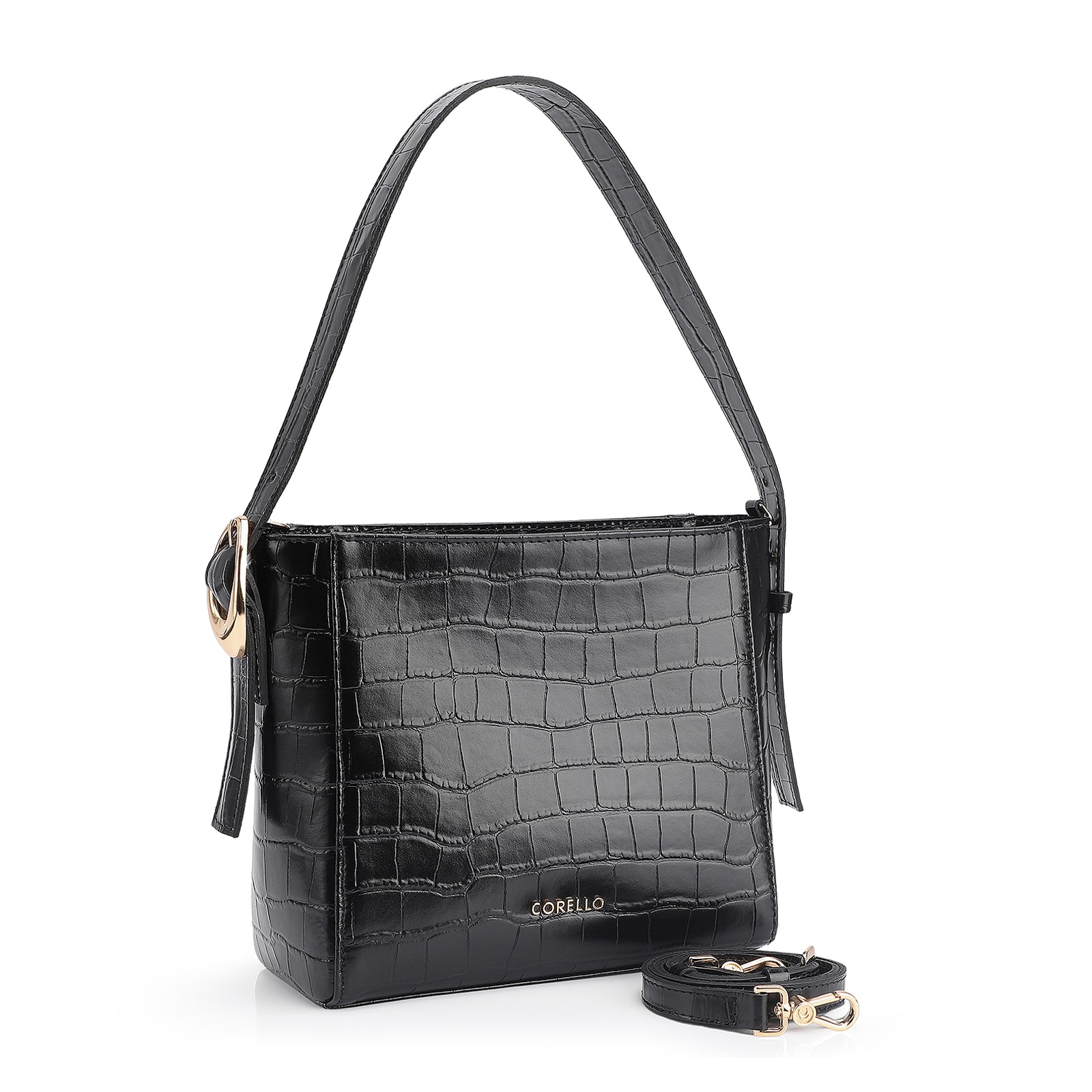 Bolsa De Ombro Fivela Couro Croco Preto