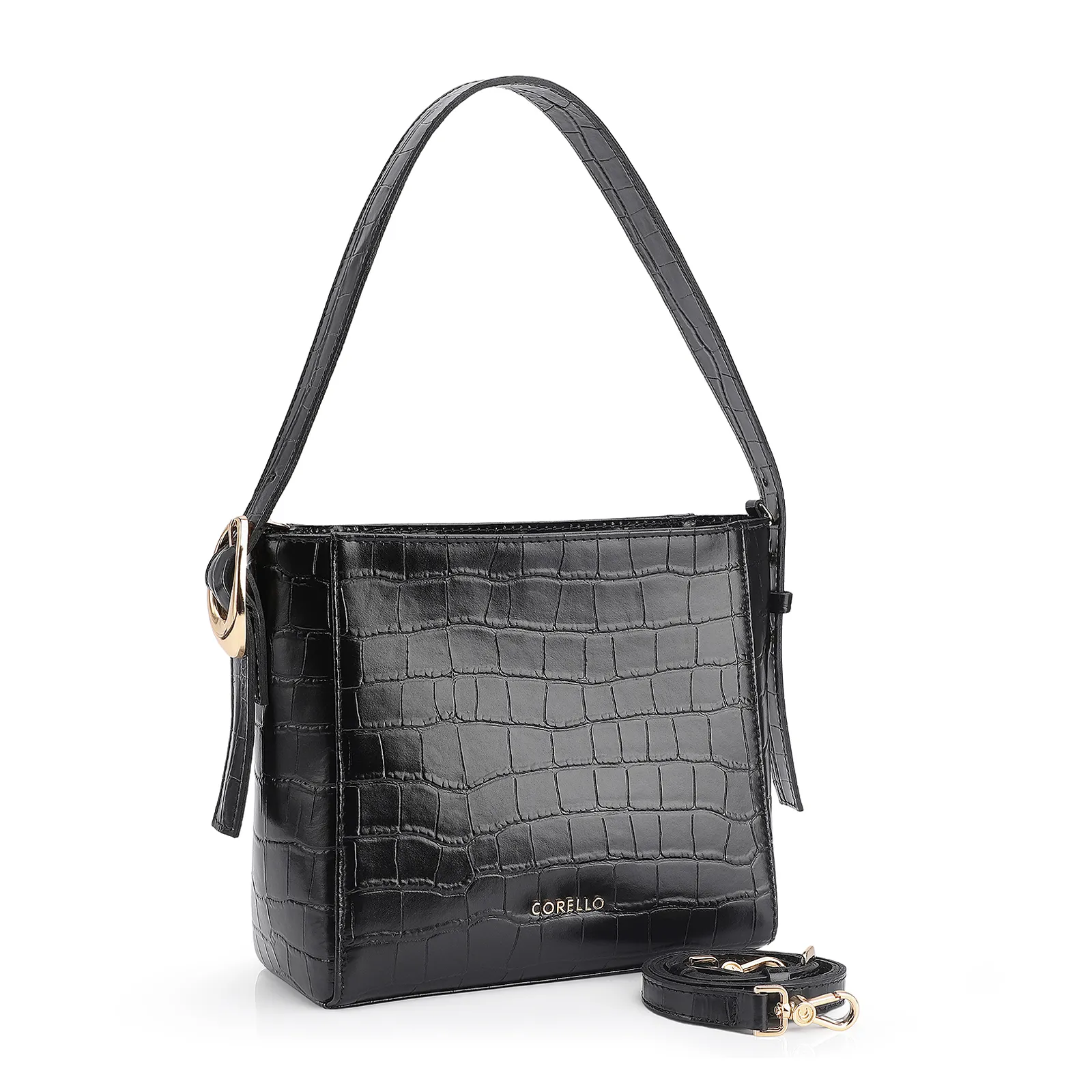 Bolsa De Ombro Fivela Couro Croco Preto