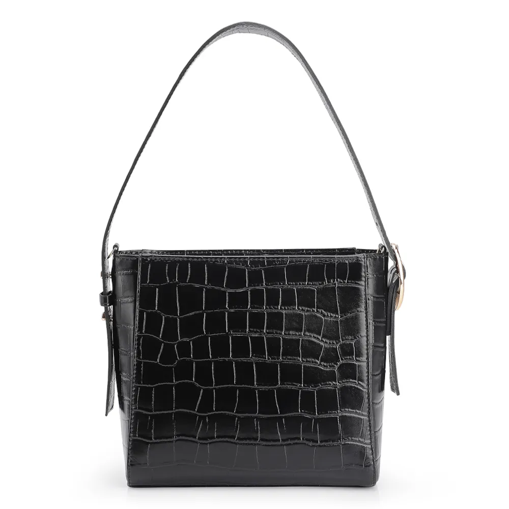 Bolsa De Ombro Fivela Couro Croco Preto - imagem 3