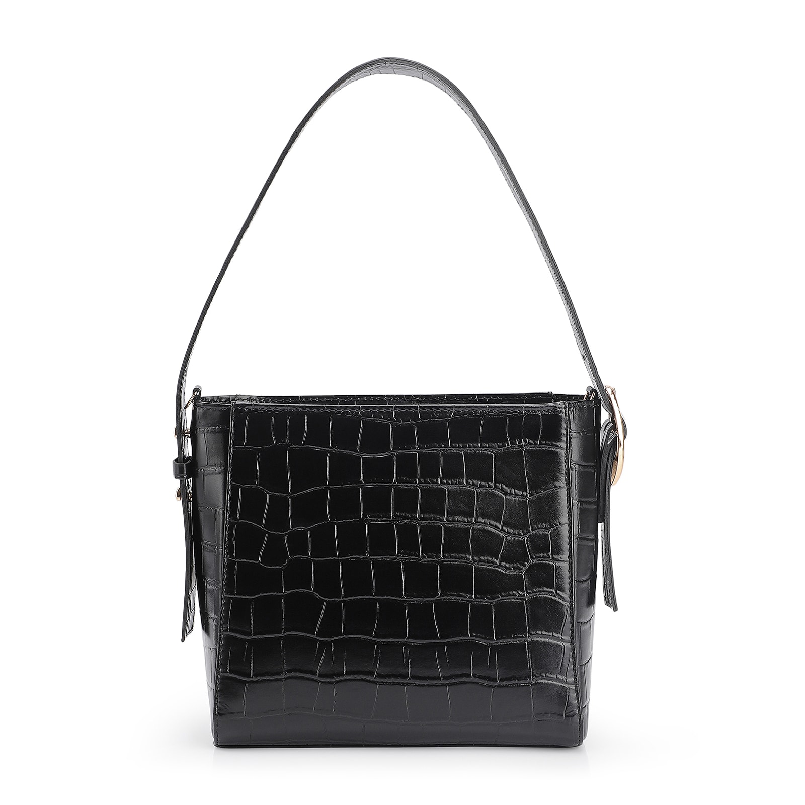 Bolsa De Ombro Fivela Couro Croco Preto