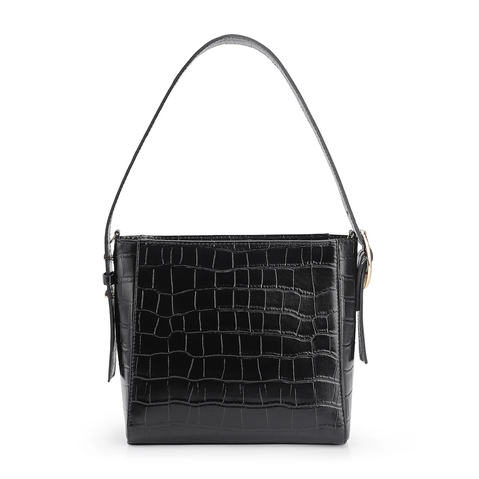 Bolsa De Ombro Fivela Couro Croco Preto