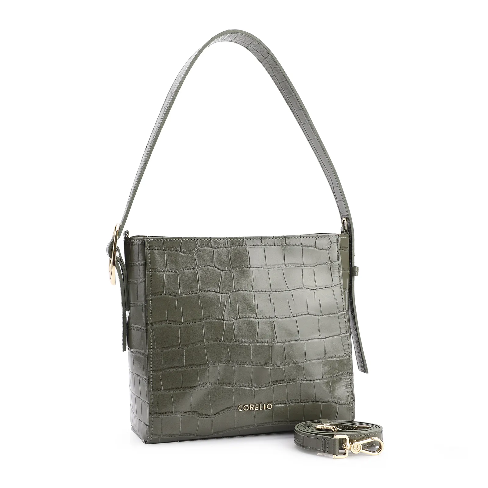 Bolsa De Ombro Fivela Couro Croco Verde