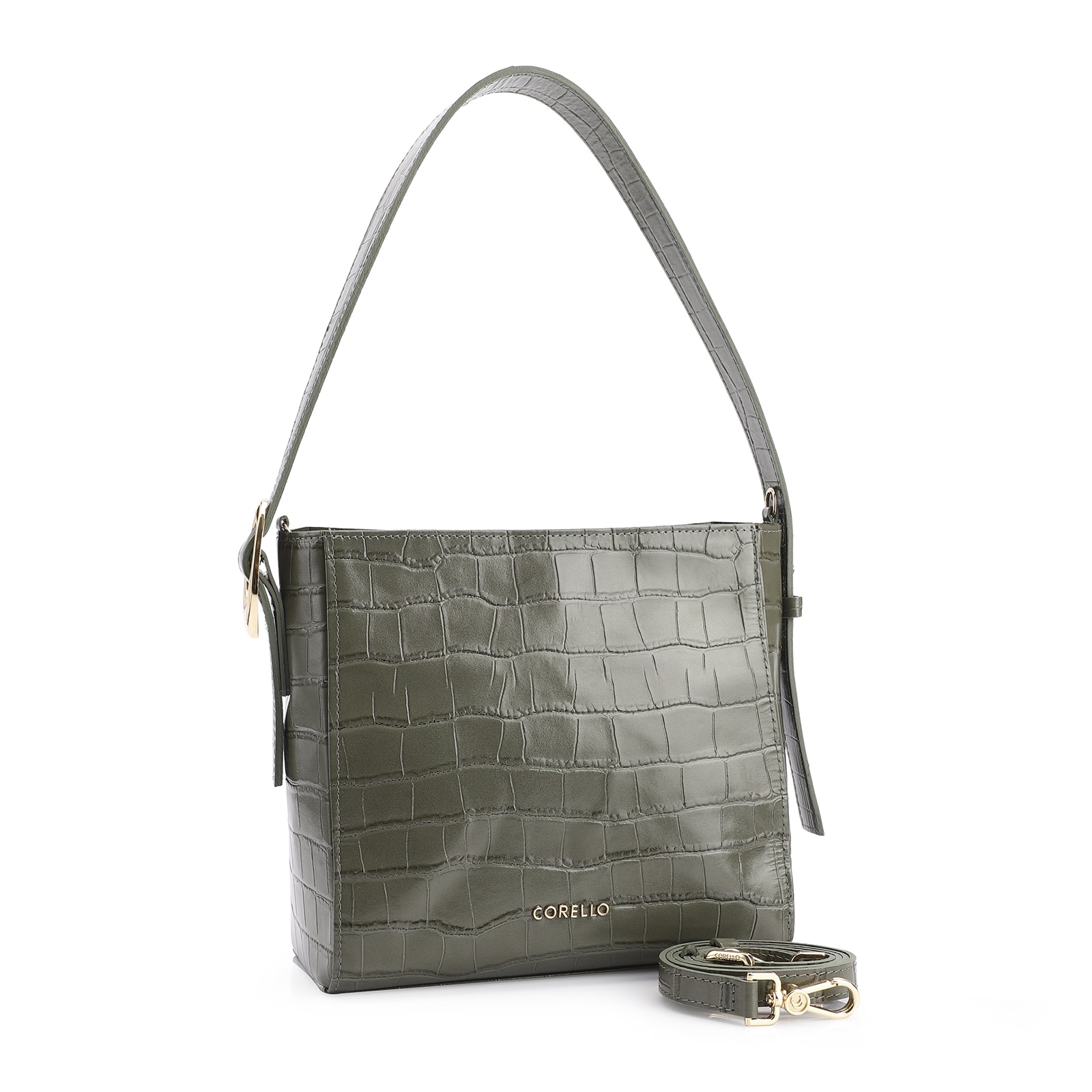 Bolsa De Ombro Fivela Couro Croco Verde