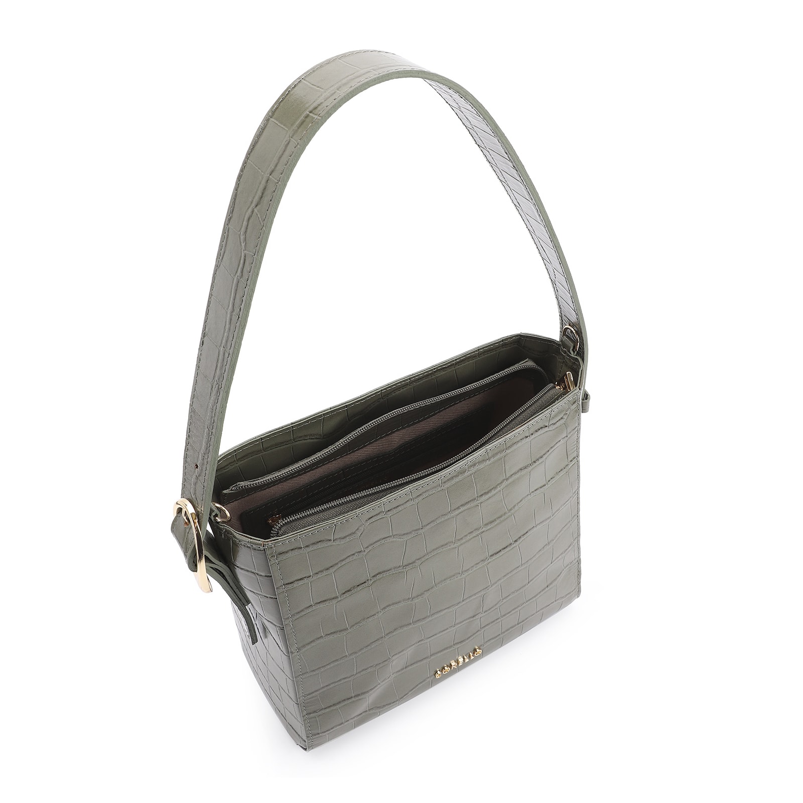 Bolsa De Ombro Fivela Couro Croco Verde