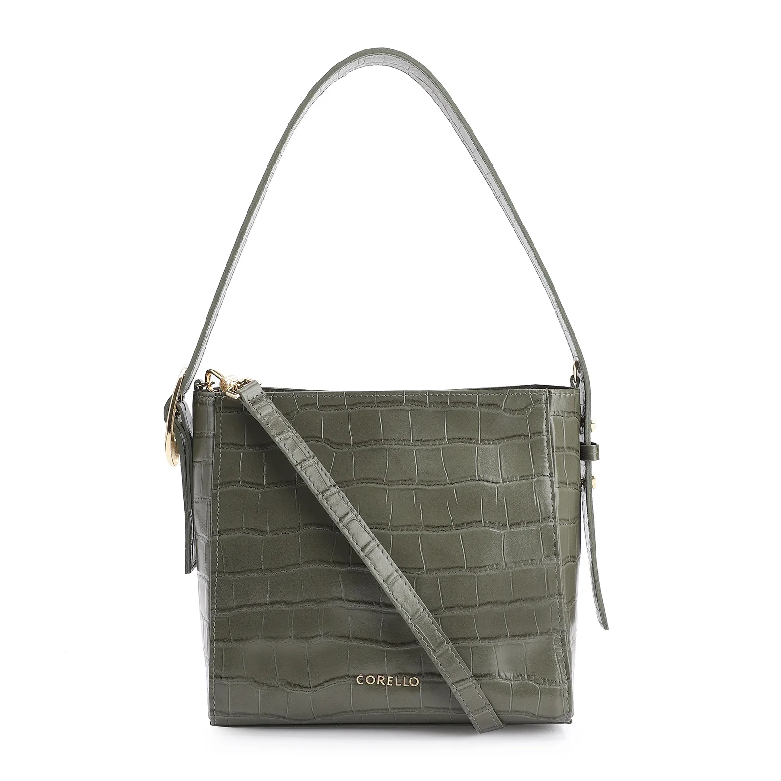 Bolsa De Ombro Fivela Couro Croco Verde