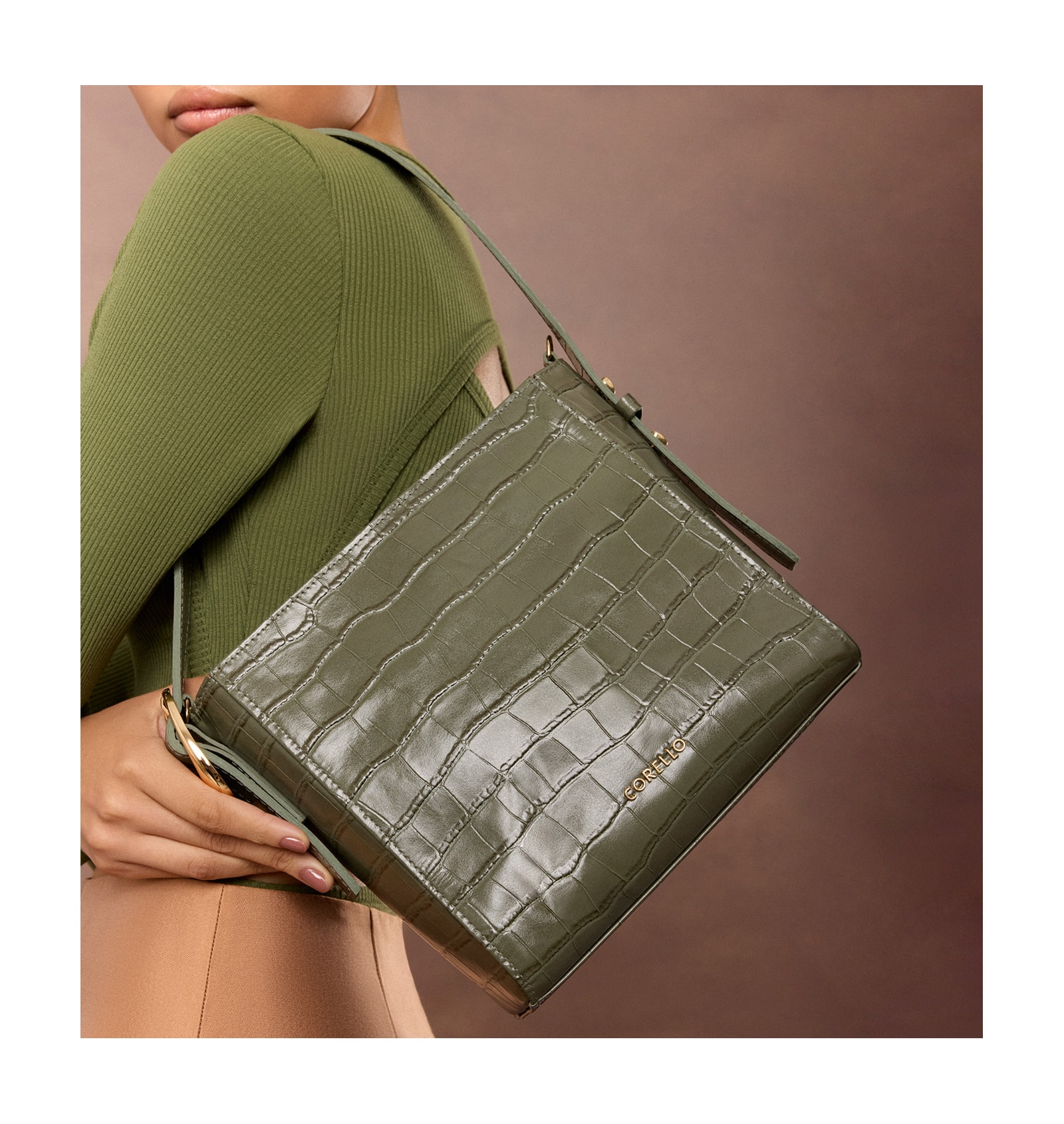 Bolsa De Ombro Fivela Couro Croco Verde
