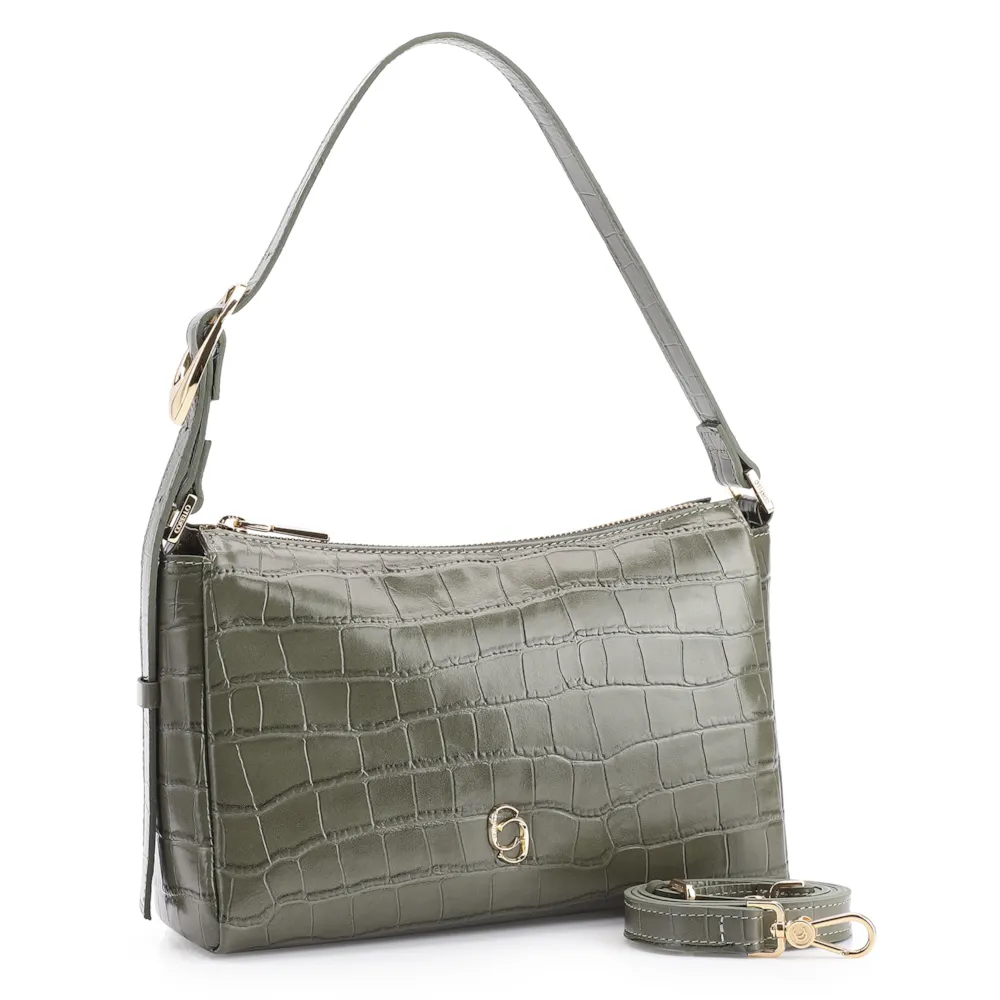 Bolsa De Ombro Fivela Couro Croco Verde - imagem 2