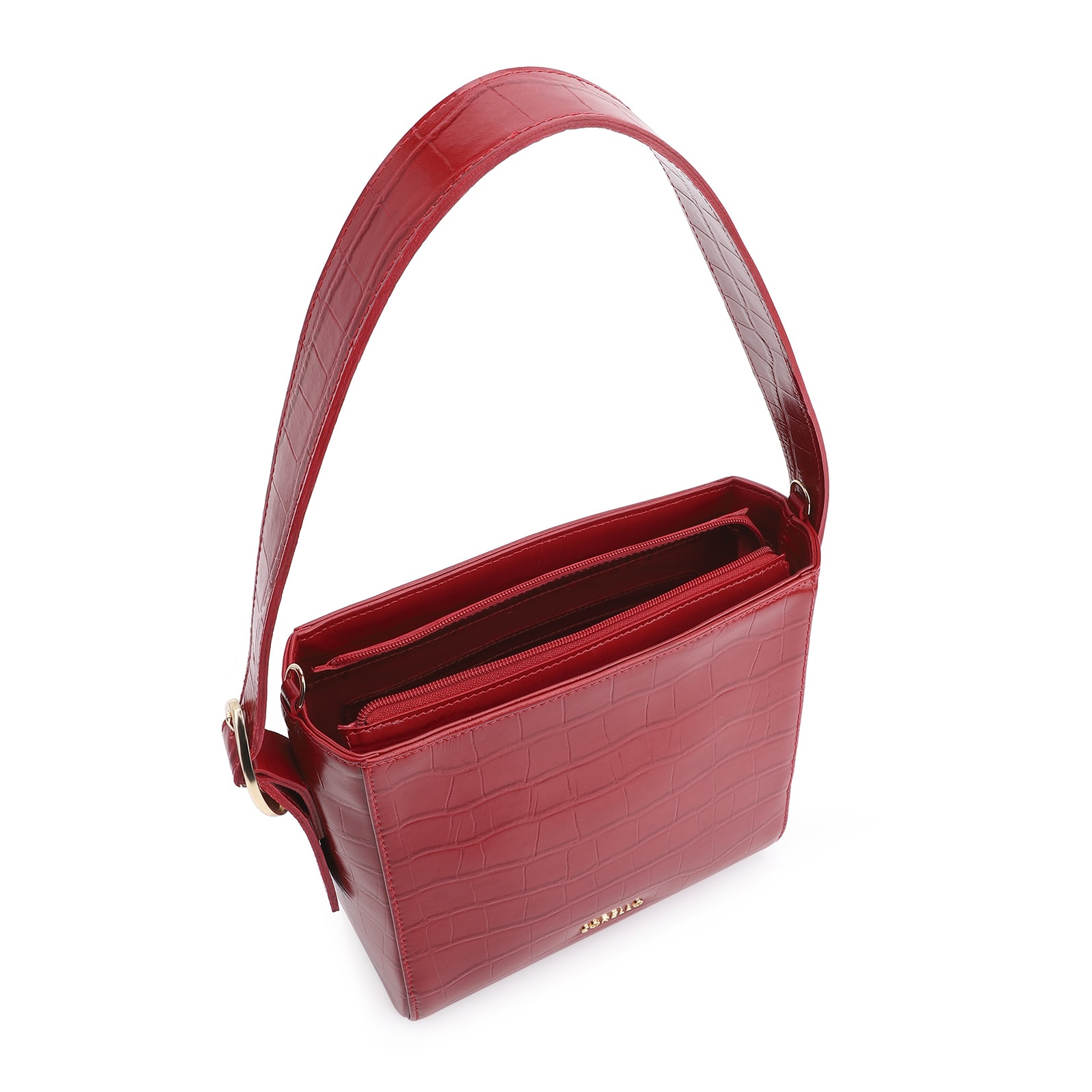 Bolsa De Ombro Fivela Couro Croco Vermelho