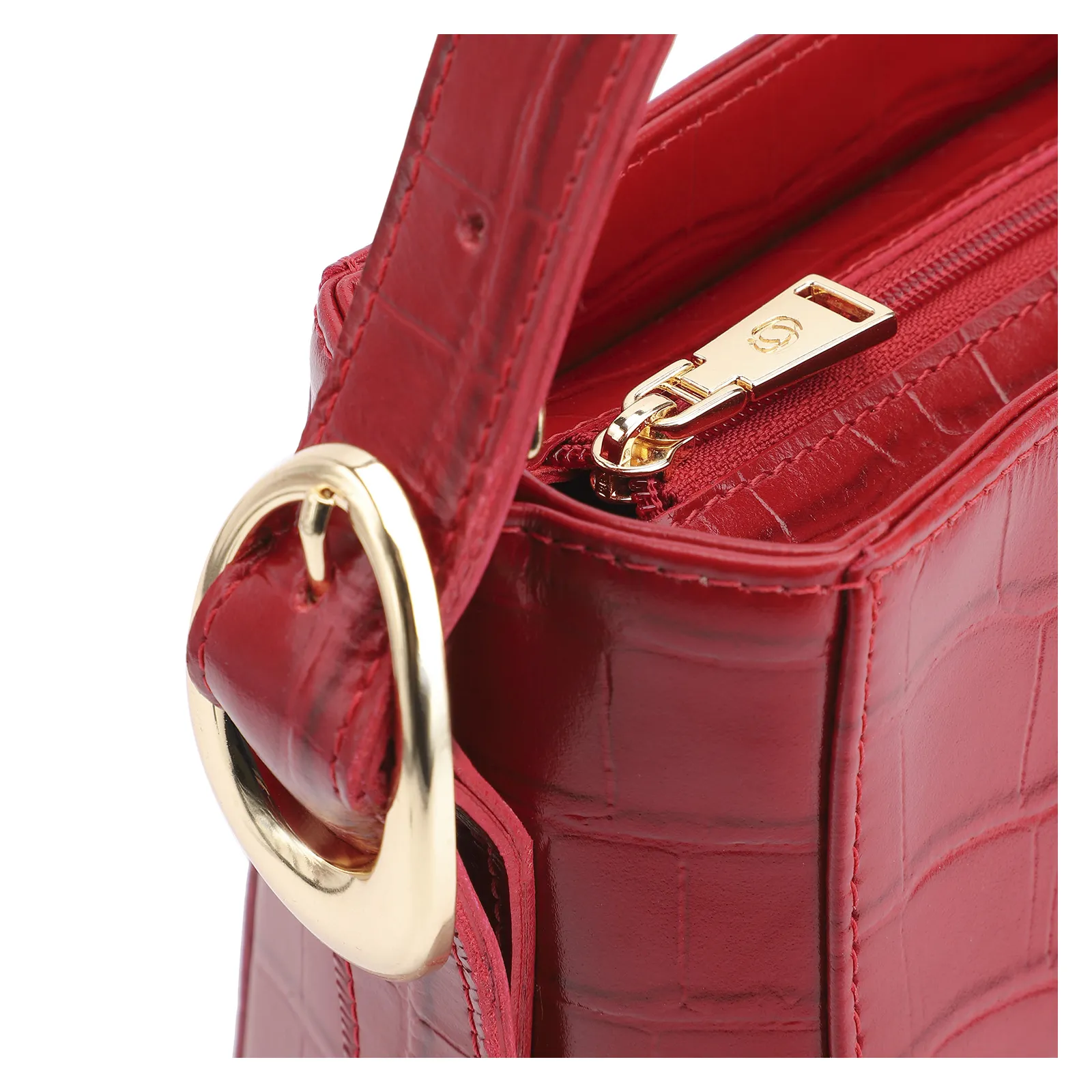 Bolsa De Ombro Fivela Couro Croco Vermelho