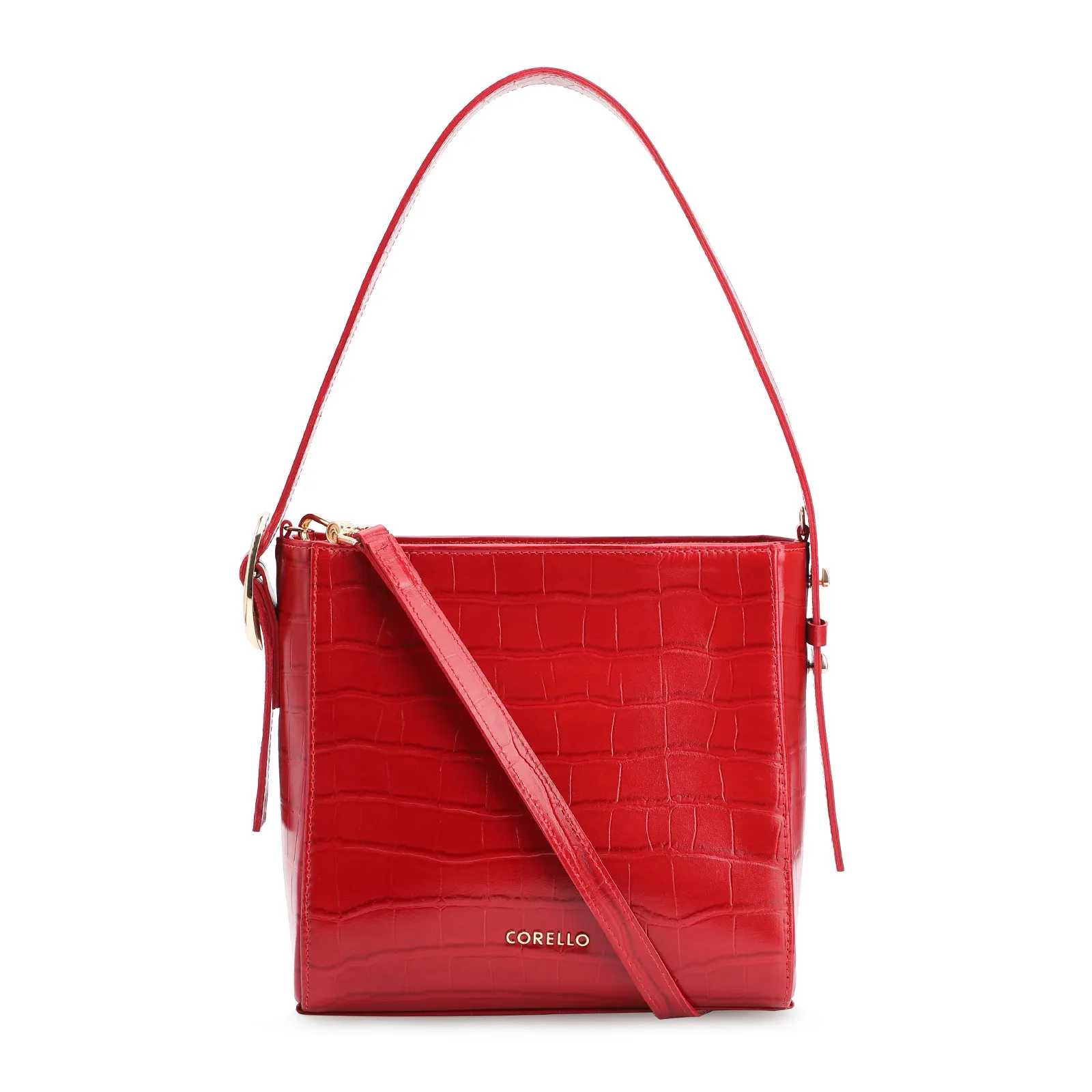 Bolsa De Ombro Fivela Couro Croco Vermelho