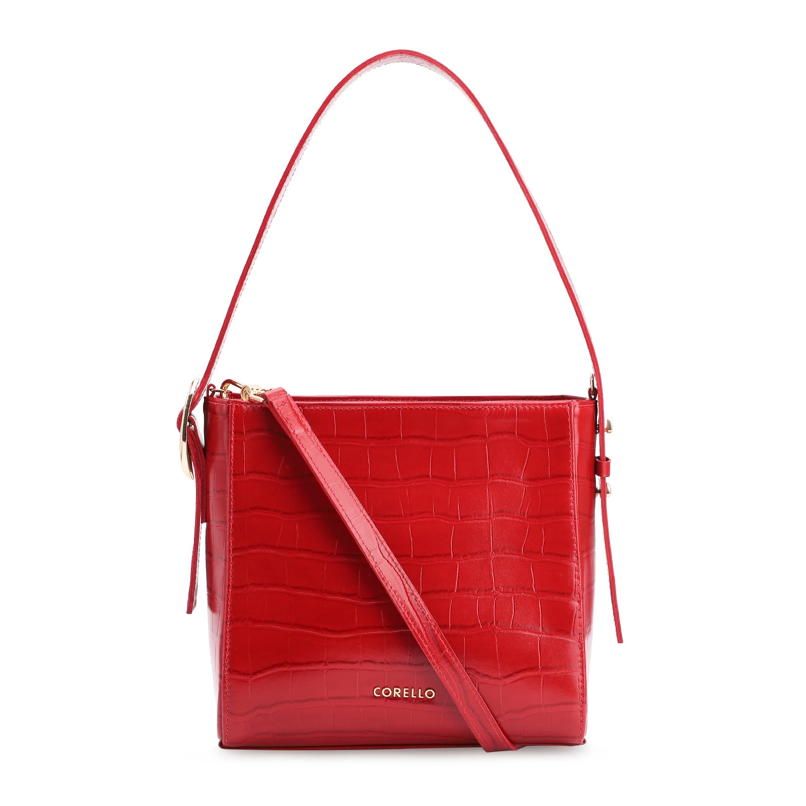 Bolsa De Ombro Fivela Couro Croco Vermelho