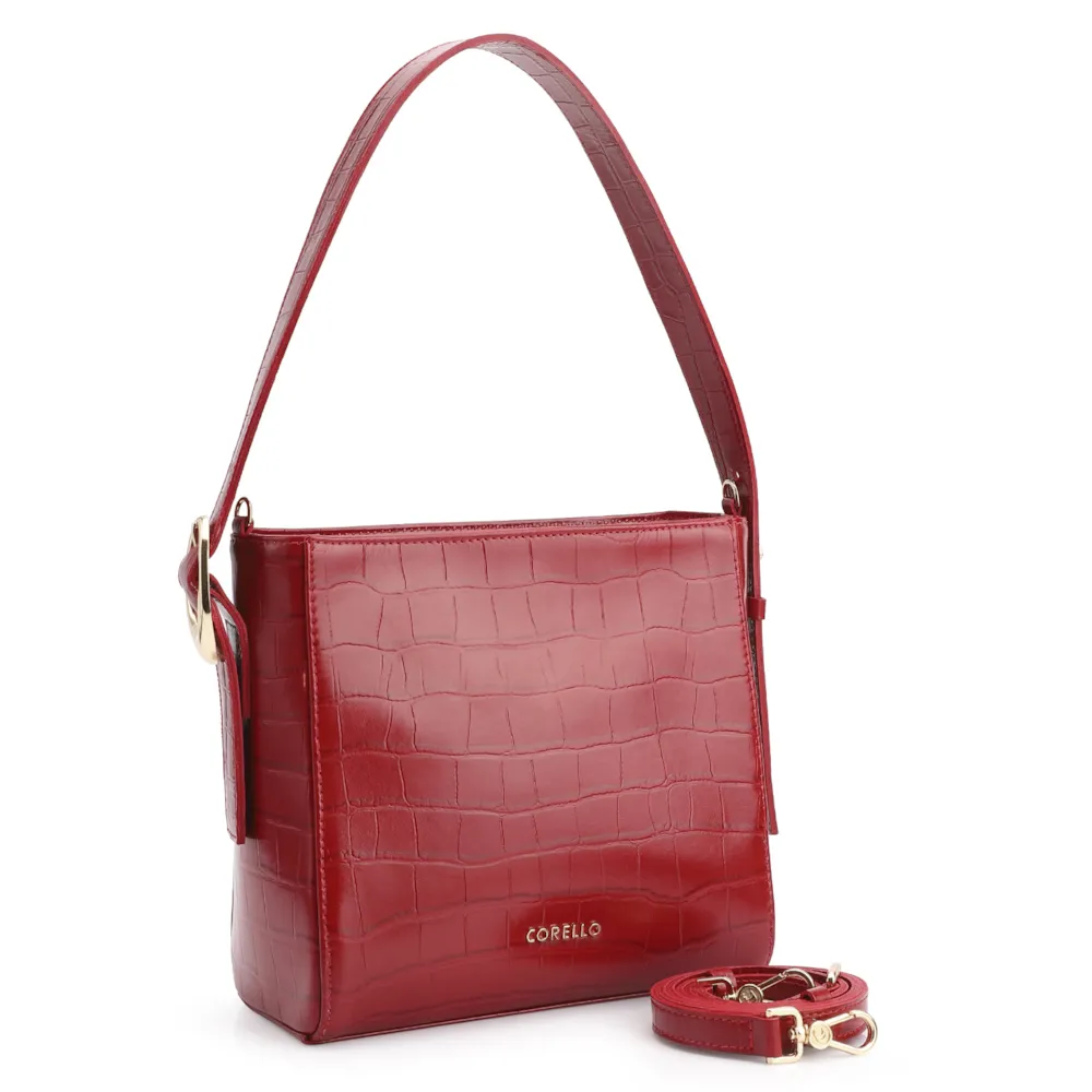 Bolsa De Ombro Fivela Couro Croco Vermelho - imagem 2