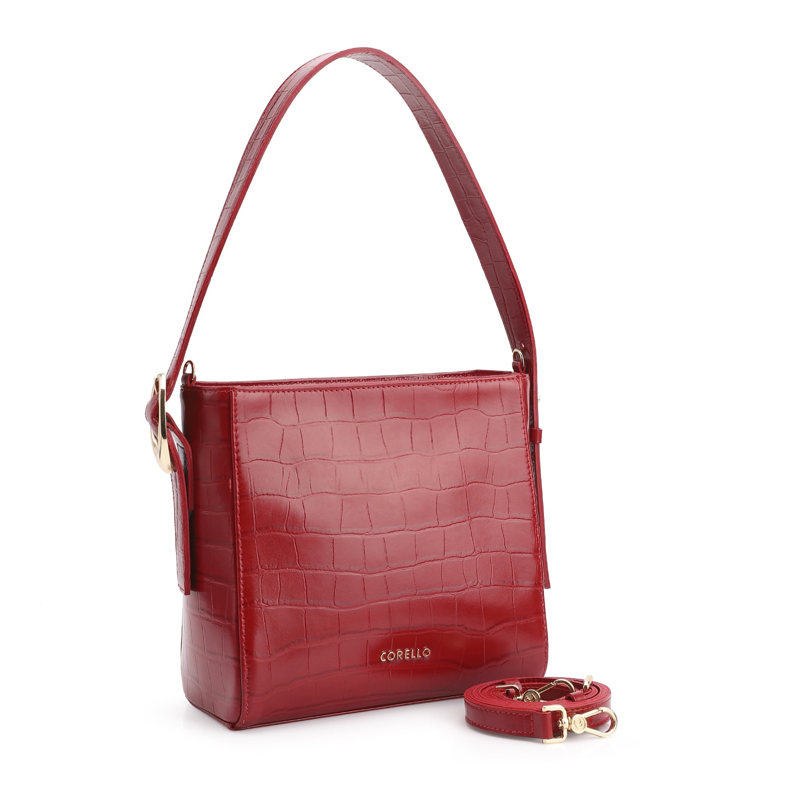 Bolsa De Ombro Fivela Couro Croco Vermelho