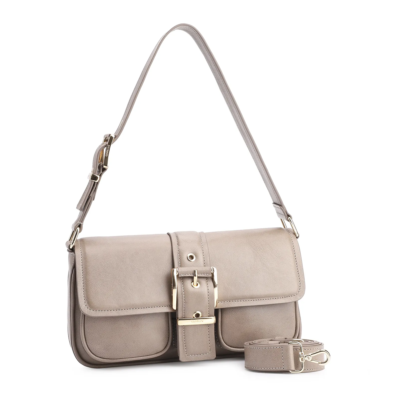 Bolsa De Ombro Fivela Couro Estonado Bege