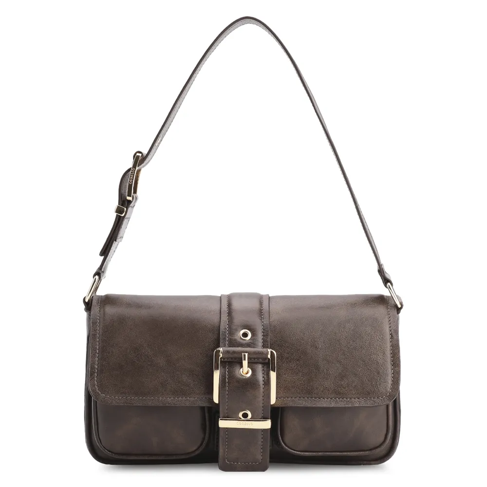 Bolsa De Ombro Fivela Couro Estonado Marrom