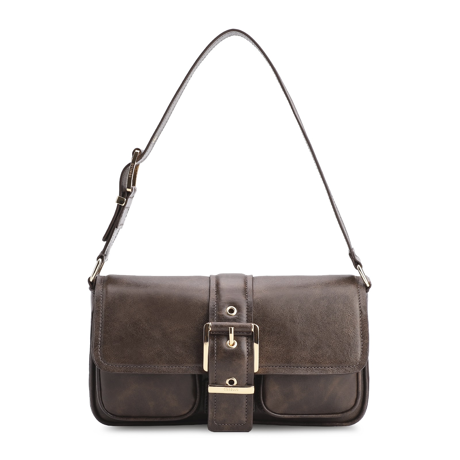 Bolsa De Ombro Fivela Couro Estonado Marrom
