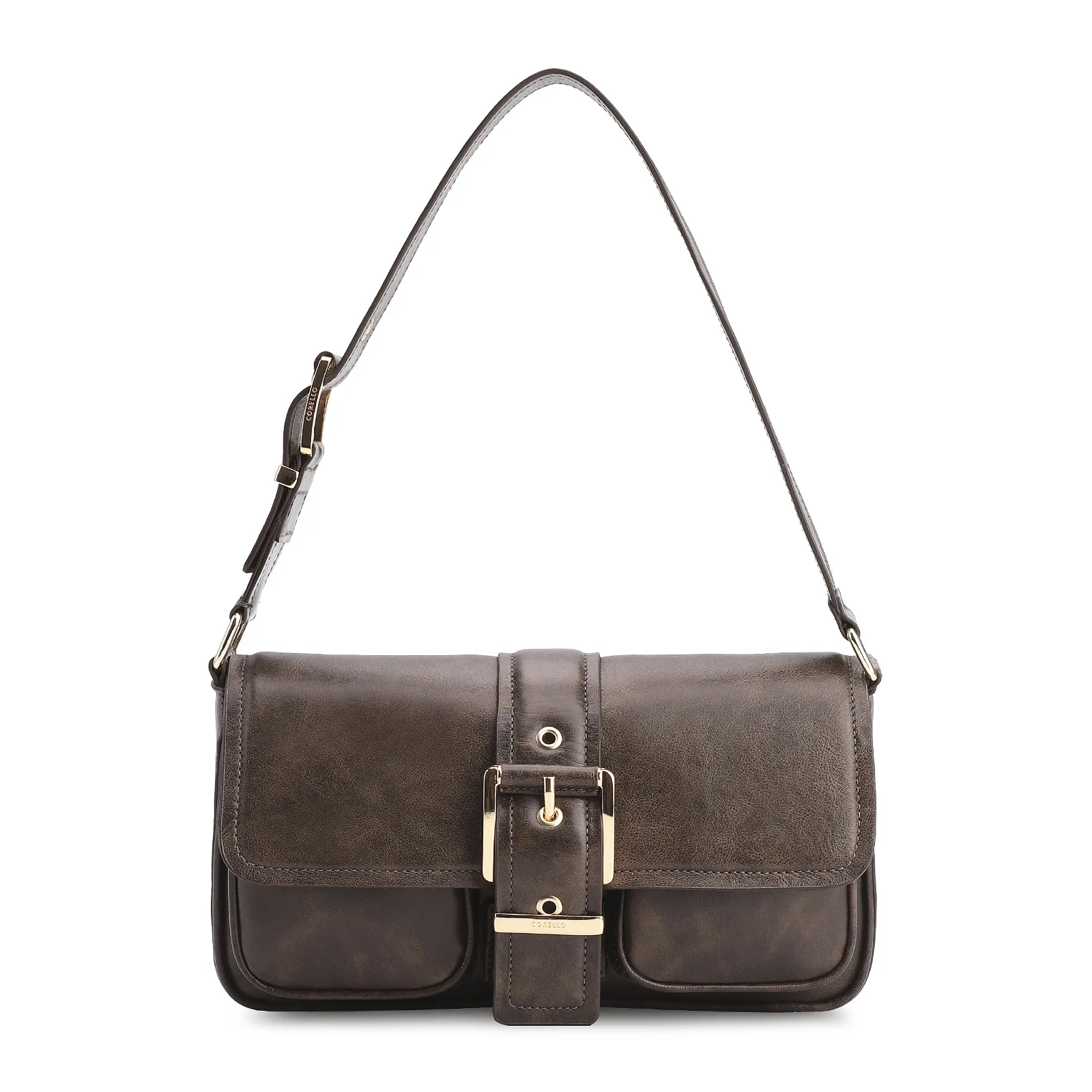 Bolsa De Ombro Fivela Couro Estonado Marrom