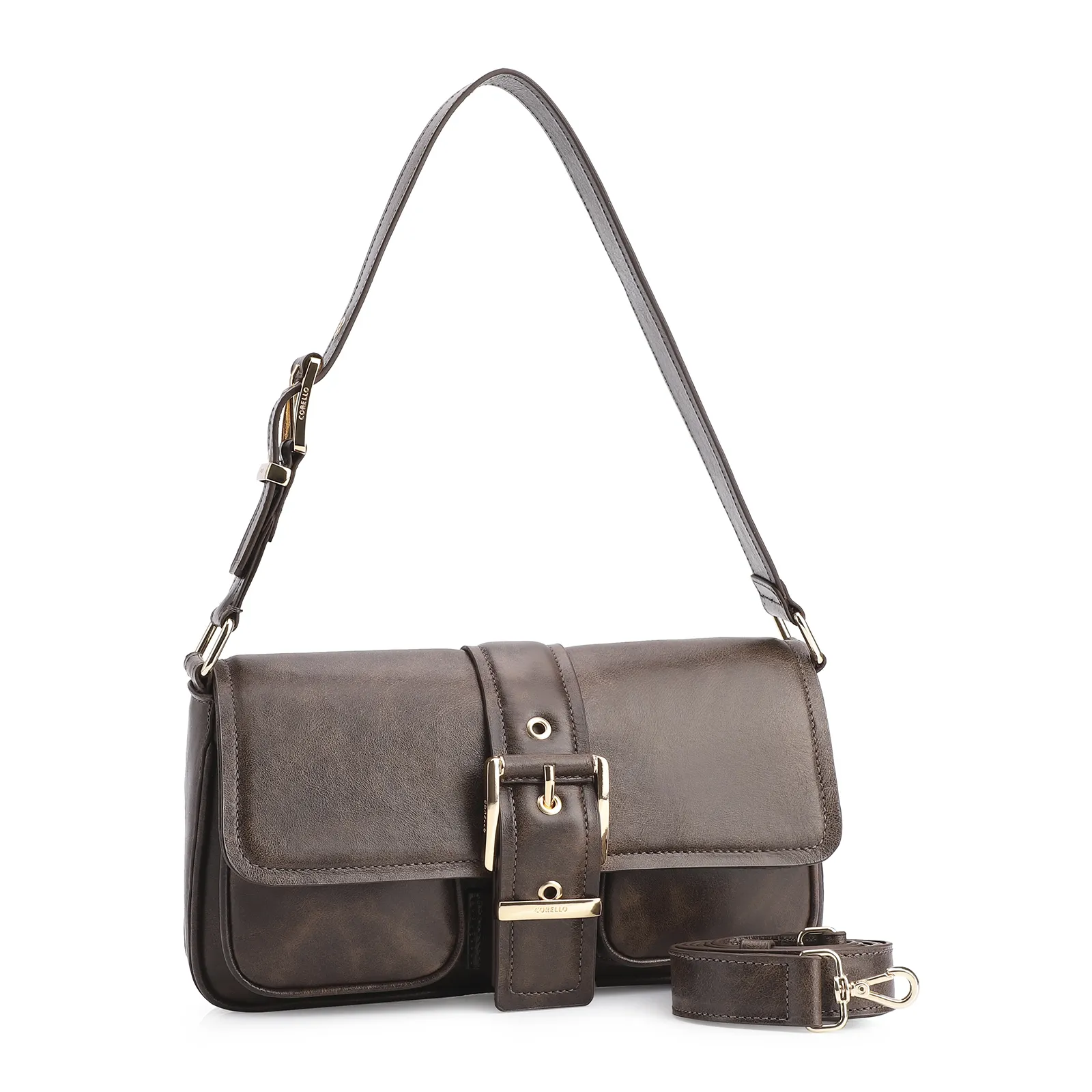 Bolsa De Ombro Fivela Couro Estonado Marrom