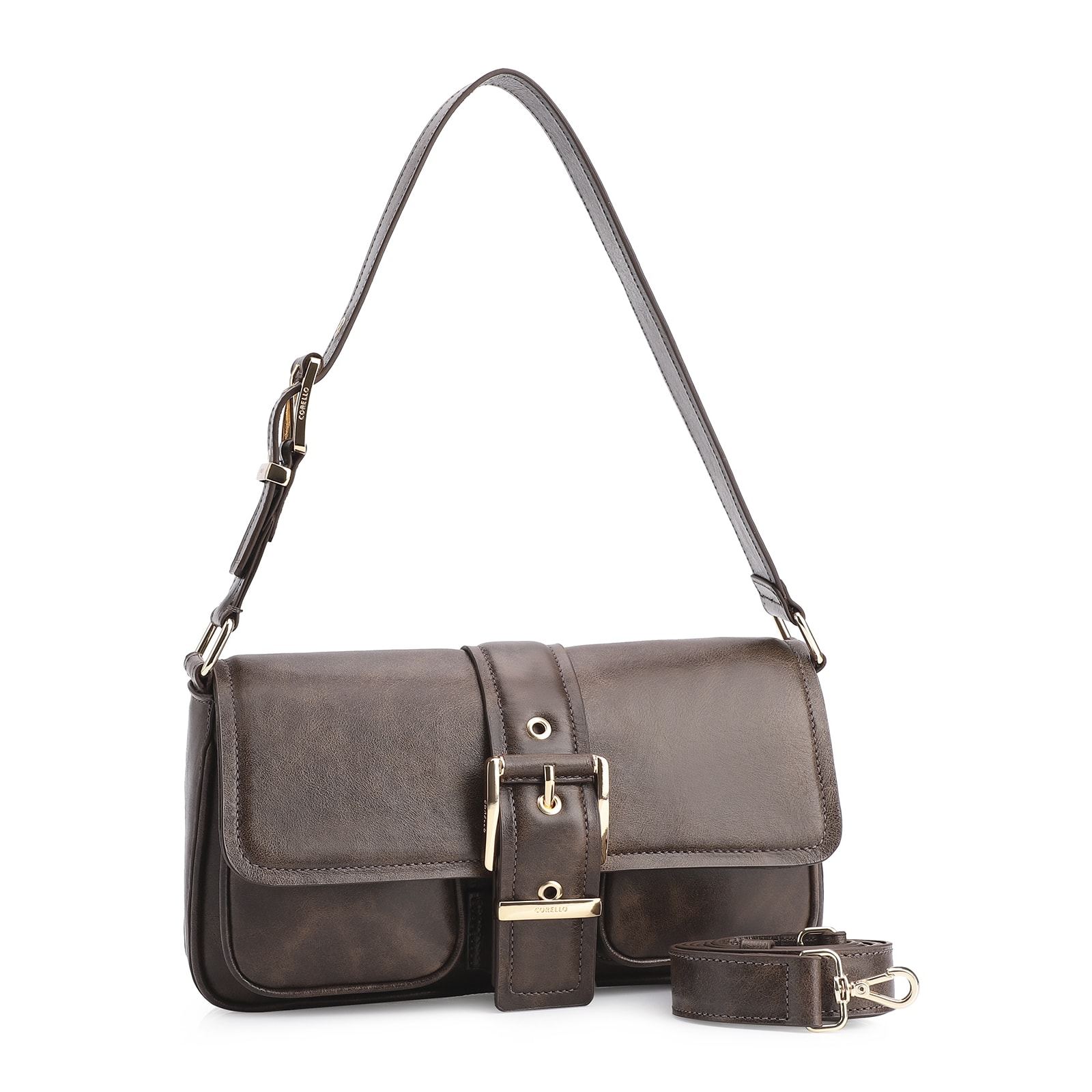 Bolsa De Ombro Fivela Couro Estonado Marrom
